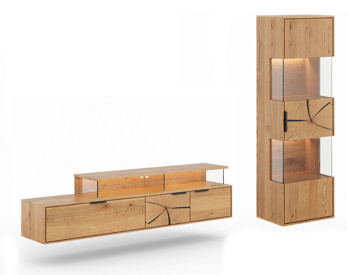 WOHNWAND Tirano 2er-Set Eiche Natur / Hirnholz - Eichefarben/Schwarz, Holz/Metall (243/142/39cm) - Feldmann-Wohnen