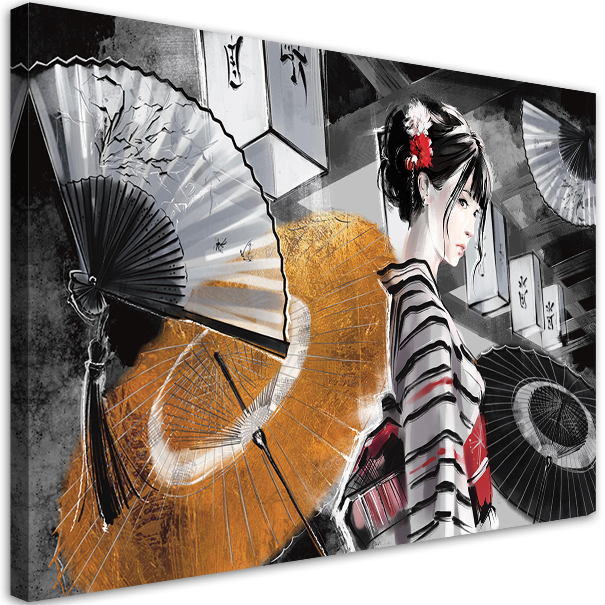 WANDBILD geisha mit einem fan - Schwarz, Textil (60/40cm) - Feeby
