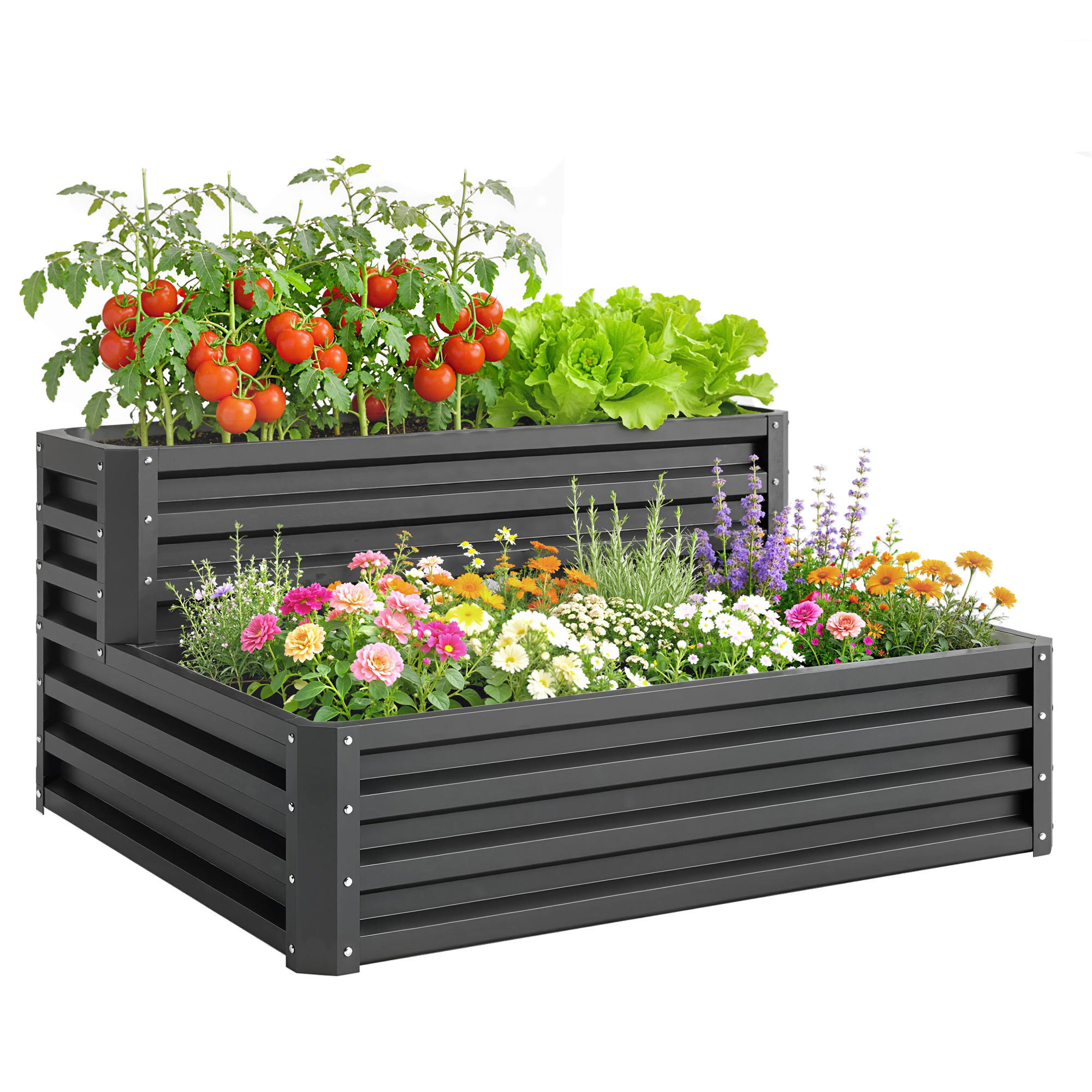 HOCHBEET DE-12134 2-stufig, offener Boden, 120/101/58 cm Dunkelgrau - Dunkelgrau, Metall (120/58/101cm) - ComfortXL