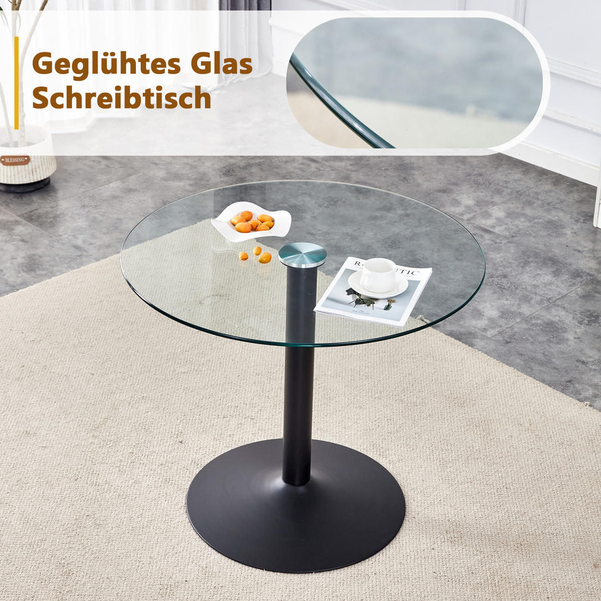 ESSTISCH 85/85/76 cm schwarz transparent aus Glas und Metall mit runder Tischplatte - Schwarz, Holzwerkstoff (85/85/76cm) - OKWISH