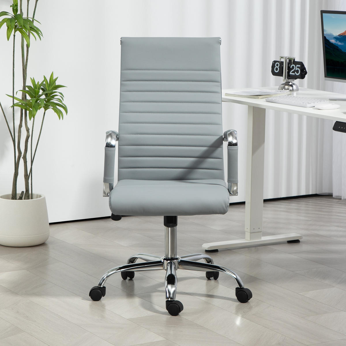 BÜROSTUHL mit Wippfunktion, Hellgrau - Hellgrau, Leder (54/114/62cm) - Vinsetto