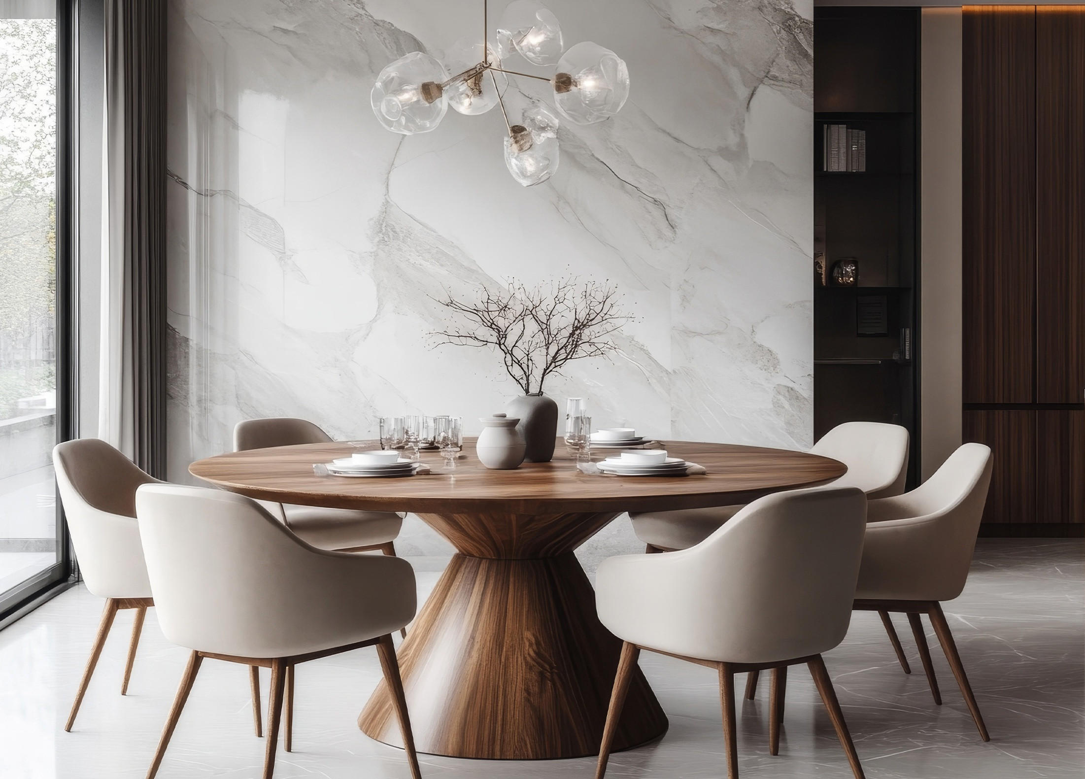 Moderner Essbereich mit rundem Holztisch und Stühlen mit einer stilvollen Molecular Hängeleuchte über dem Tisch