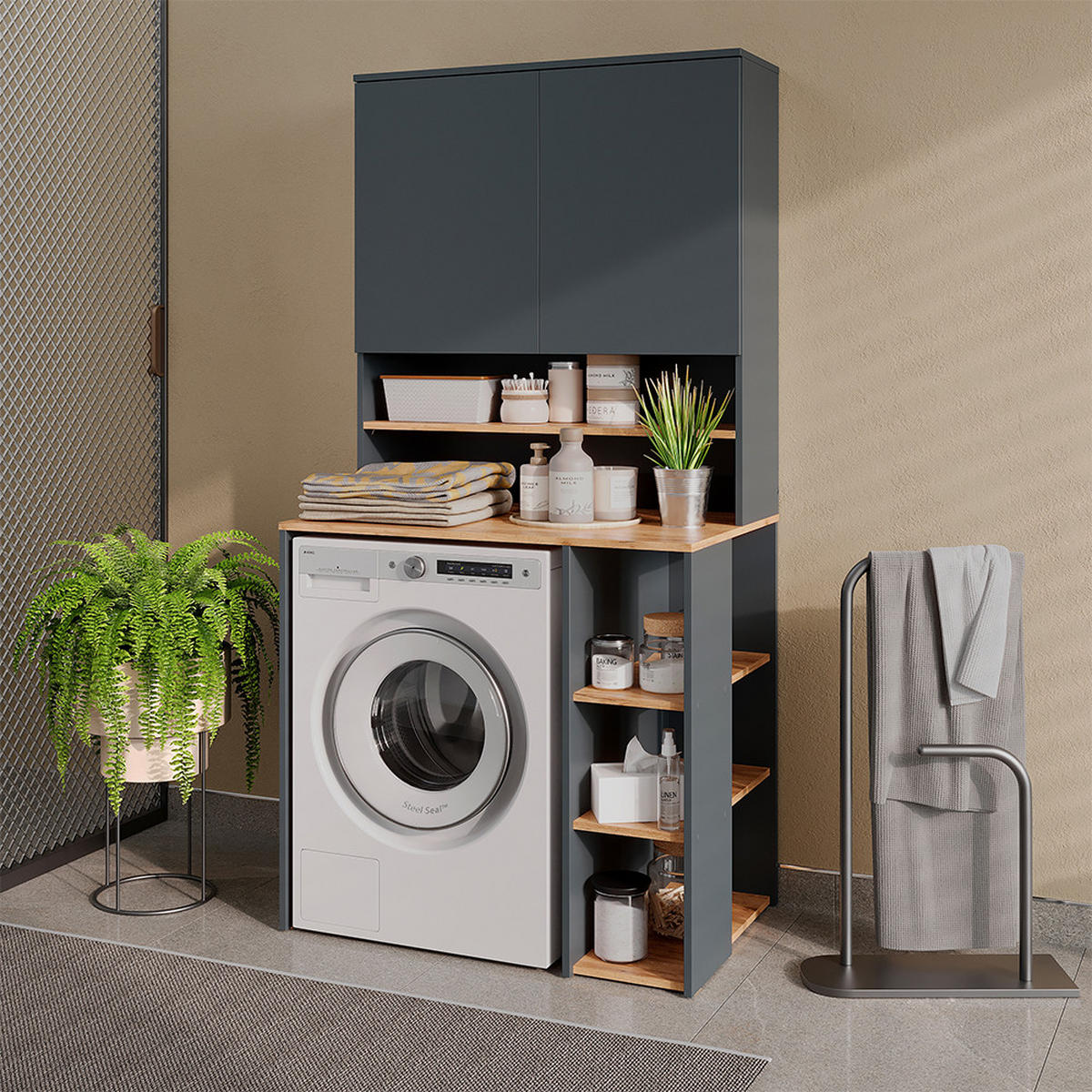 WASCHMASCHINENSCHRANK Viktor, Anthrazit/Goldkraft Eiche, 93.6 x 88.2 cm 2 Teile mit Regal - Honigeiche/Anthrazit, Holzwerkstoff (93.6/88.2/60cm) - Vicco