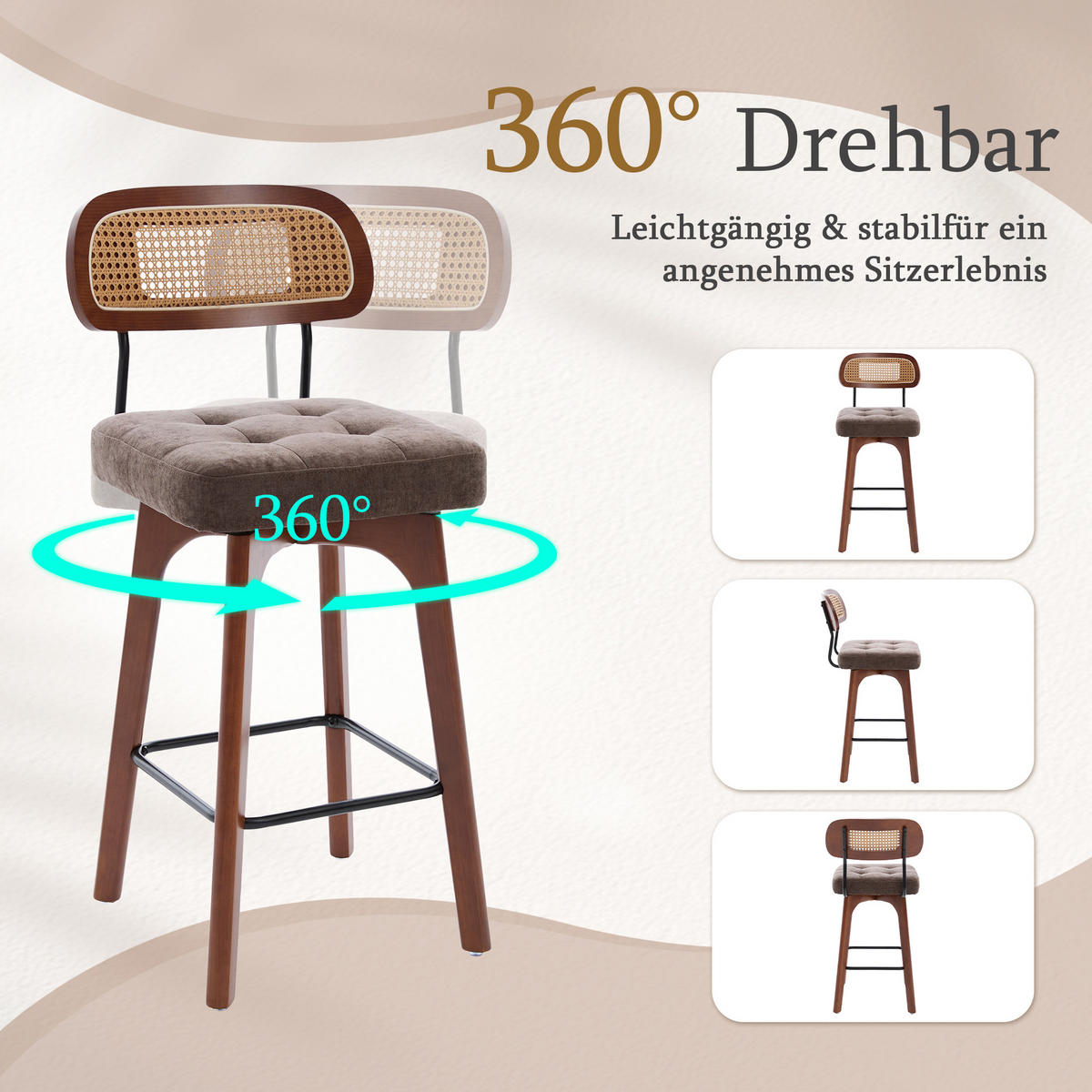 BARHOCKER 2er Set, 360° drehbar, Wiener Geflecht/Chenille, 67,5cm Sitzhöhe, Kaffeebraun - Wildeiche/Dunkelbraun, Holz/Textil (44/96/51cm) - LVHOM