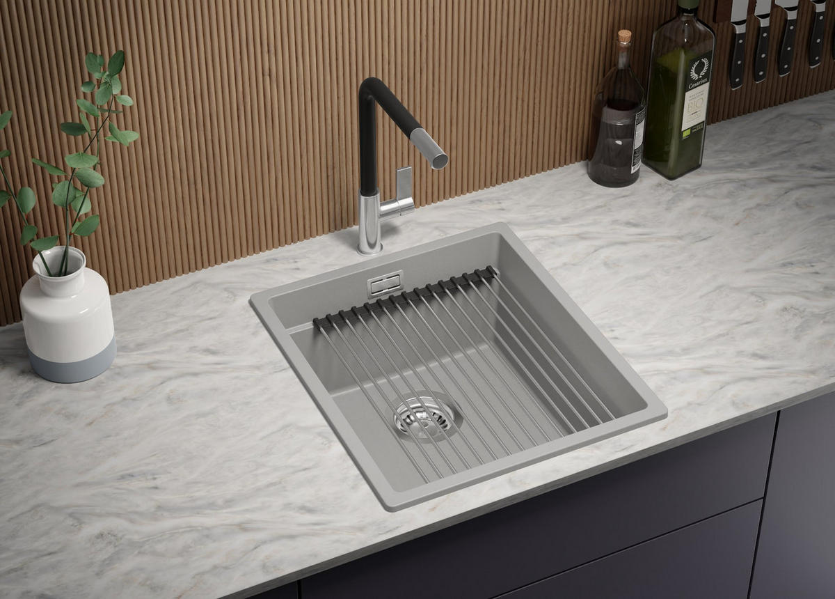 GRANITSPÜLE Praga Slim, 2-er set Grau 41/47 cm 1 Becken + Küchenarmatur 40/20 cm + Ablauf-Set + Aufrollbare Abtropffläche ab 45er Unterschrank - Chromfarben/Grau, Kunststoff (41/20/47cm) - Primagran