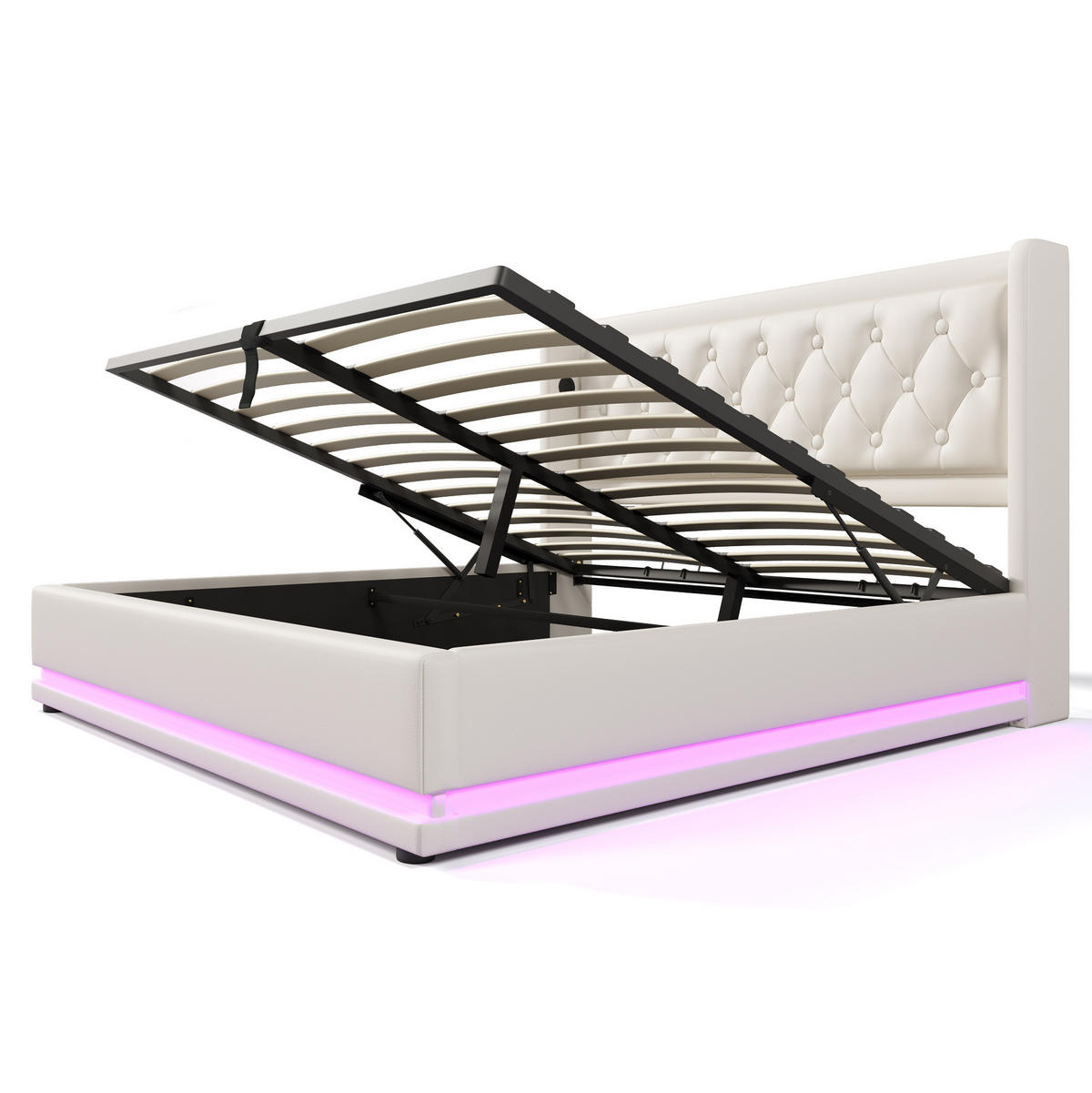 POLSTERBETT 140/200 cm weiß aus PU mit LED, Stauraum und Matratze - Weiß, Holzwerkstoff (140/200cm) - OKWISH