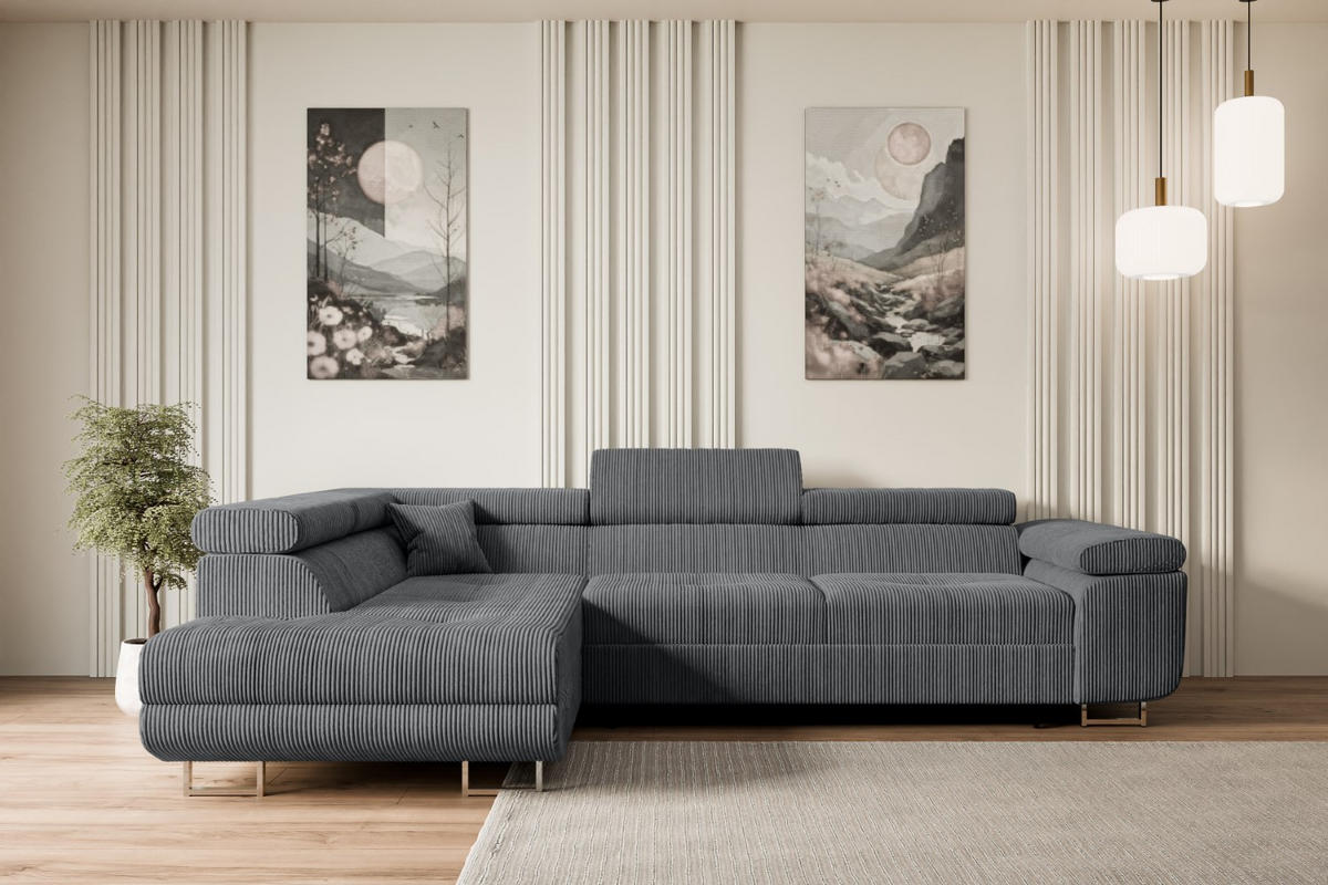 ECKSOFA mit Schlaffunktion und Bettkasten GUSA-L 272x202x107 cm Grau Cord - Dunkelgrau/Silberfarben, Holzwerkstoff/Textil (202/272cm) - ALTDECOR