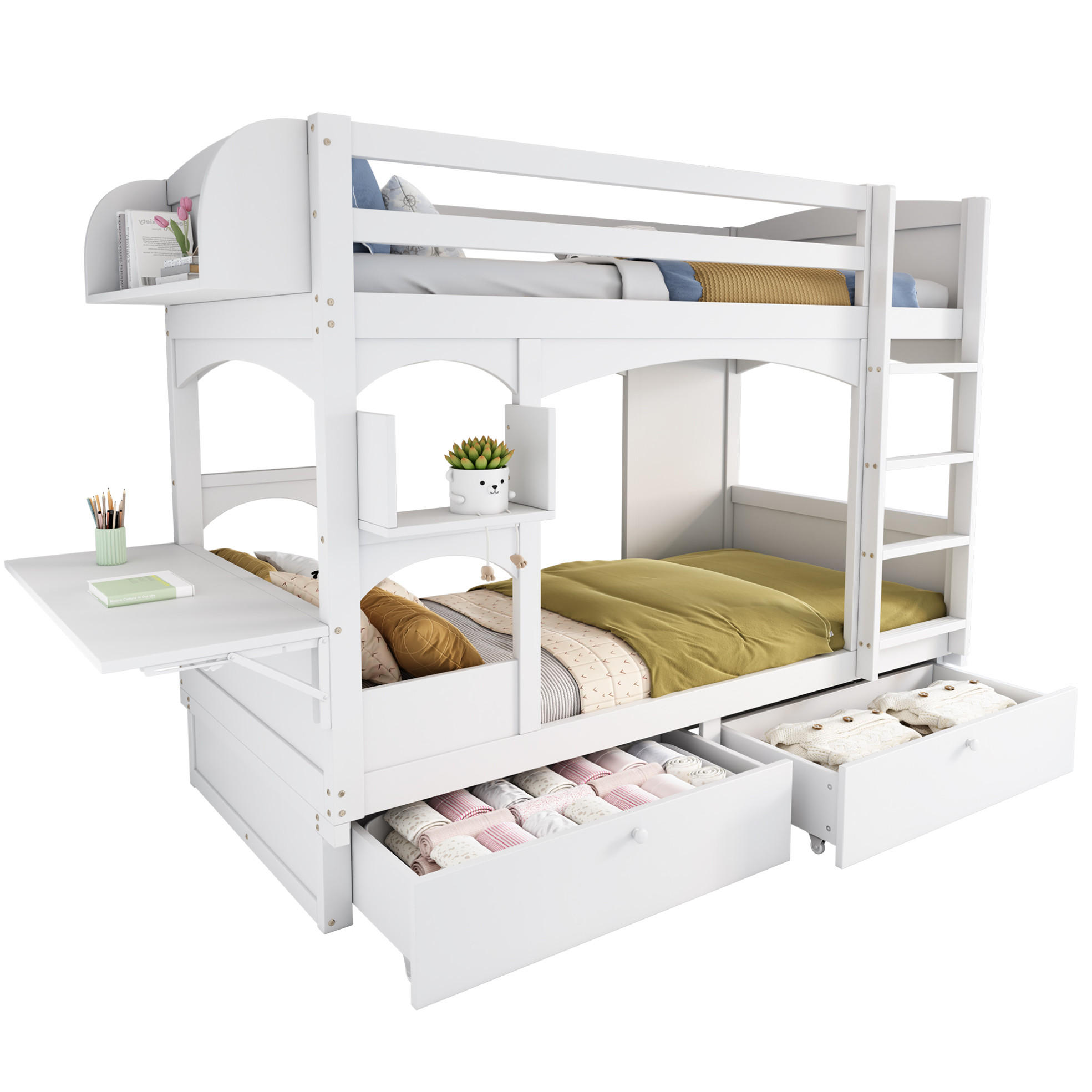 ETAGENBETT 90/200 cm Weiß mit klappbarem Schreibtisch und 2 Schubladen - Weiß, Holz (90/200cm) - Flora Grace