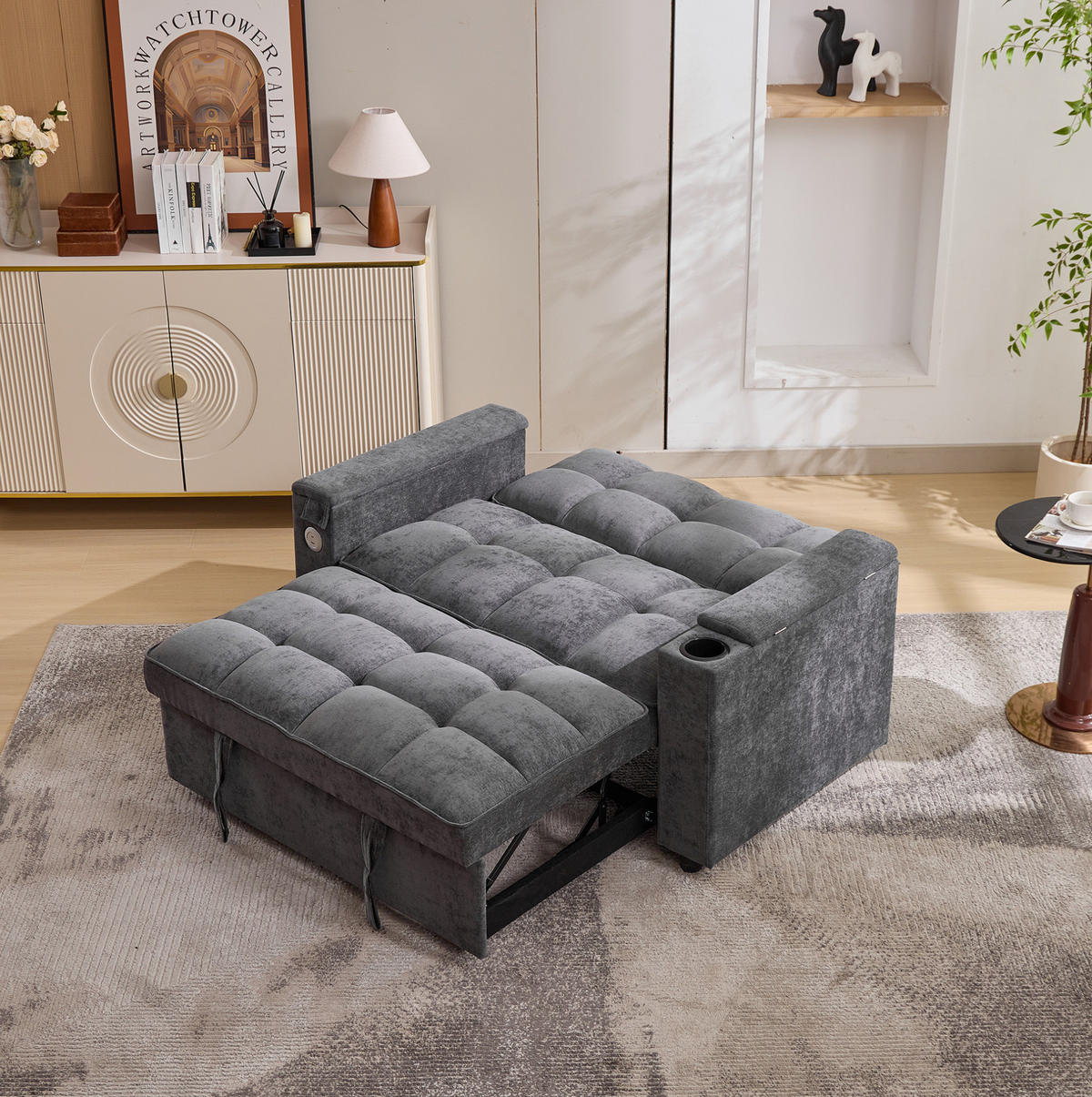 ROZKLÁDACÍ pohovka 140,5/74/82 cm s nastavitelným opěradlem, USB a USB-C porty, skrytým stolkem a držákem nápojů, Šedá - šedá, textil (140.5/82/74cm) - Redom