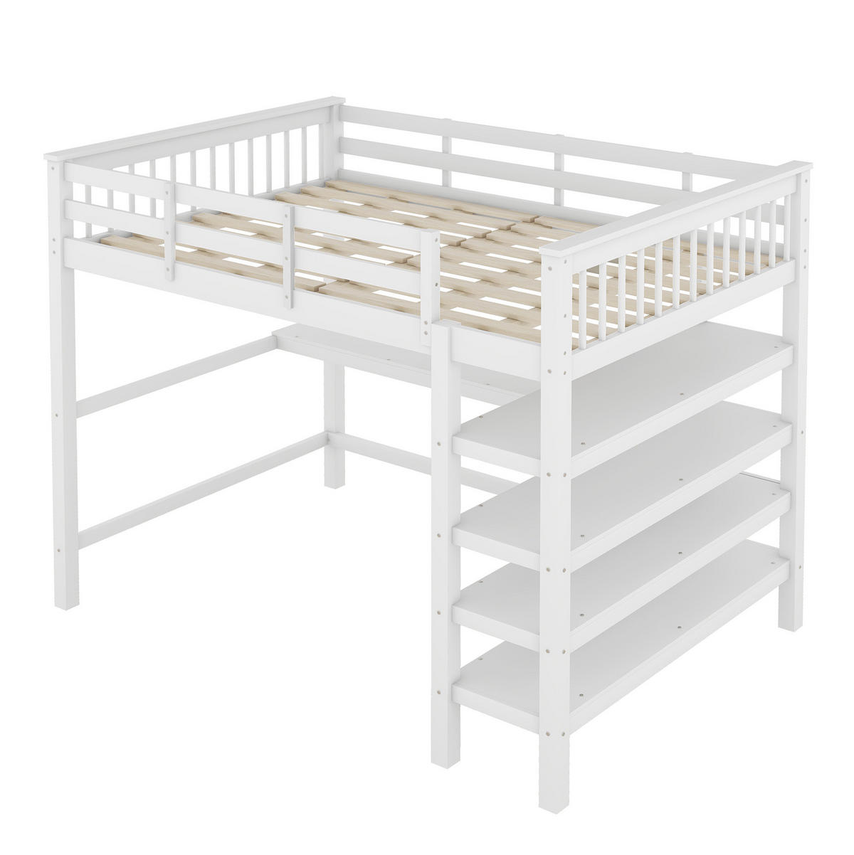 HOCHBETT 140/200 cm, Weiß mit Ablagefächern und Schreibtisch ohne Matratze - Weiß, Holz (140/200cm) - MIVRAY