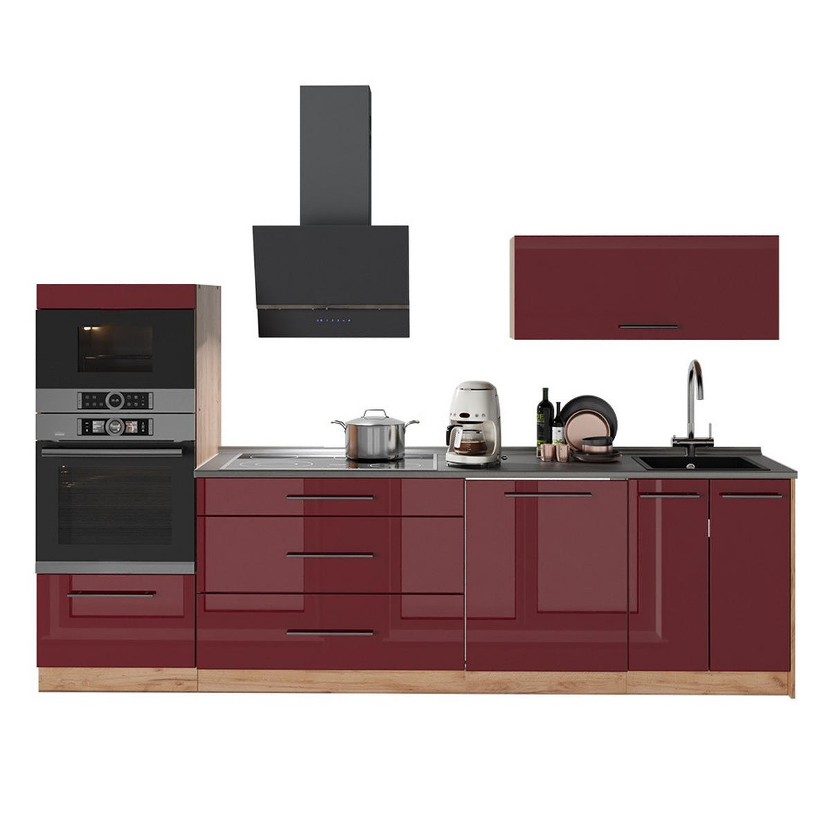 KÜCHENZEILE Fame-Line, Bordeaux Hochglanz/Goldkraft Eiche, 280 cm, AP Marmor - Honigeiche/Bordeaux, Holzwerkstoff (280/153.6/60cm) - Vicco
