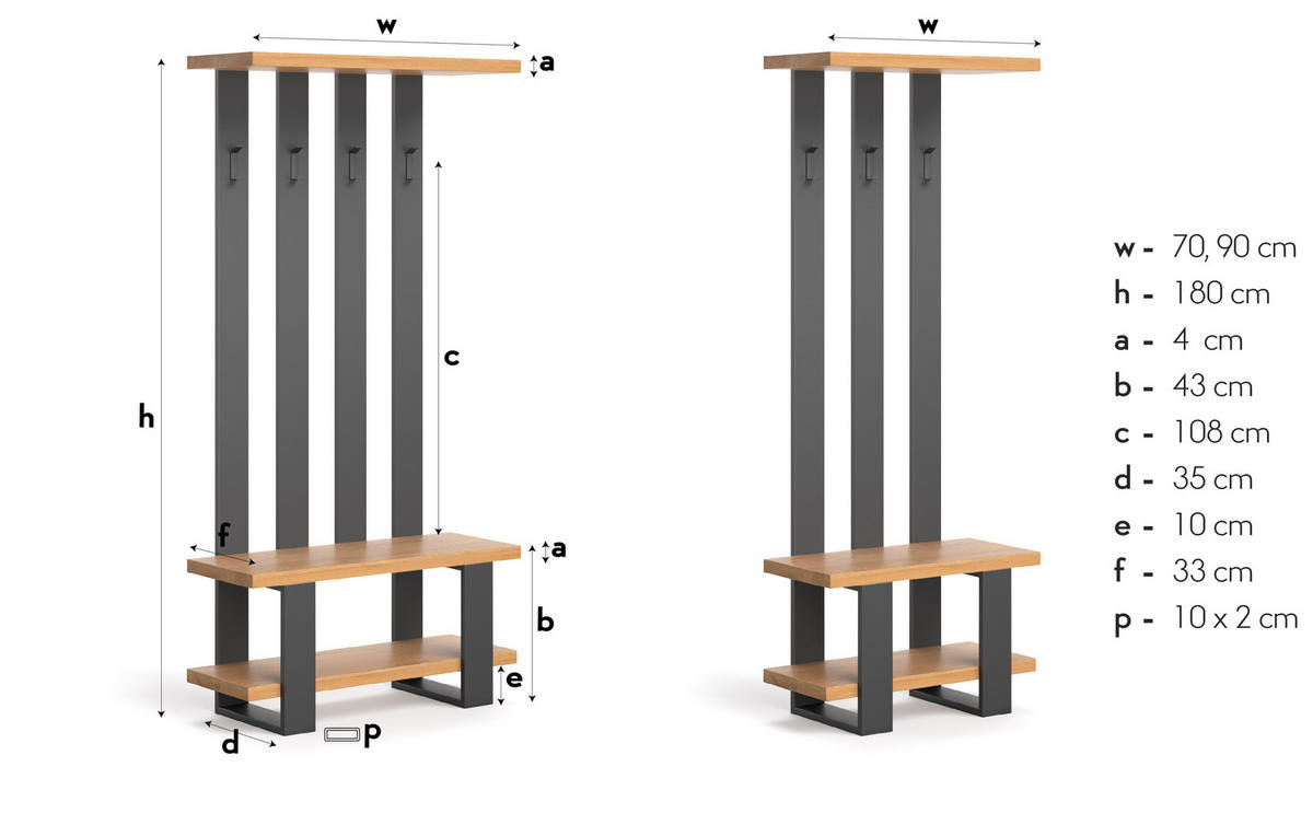 GARDEROBE Mount aus massivem Eichenholz 70 cm - Eichefarben/Naturfarben, Holz (70/180/35cm) - Danzz