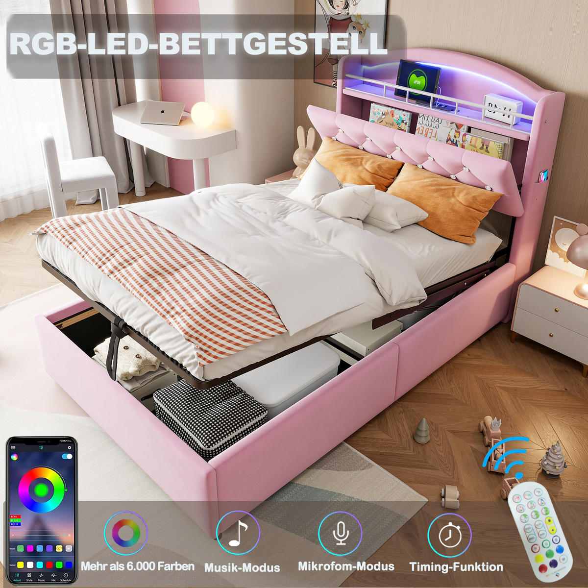 KINDERBETT 90/200 cm in Rosa Samt mit Stauraum, LED und USB - Rosa, Holzwerkstoff/Textil (90/200cm) - WISHDOR
