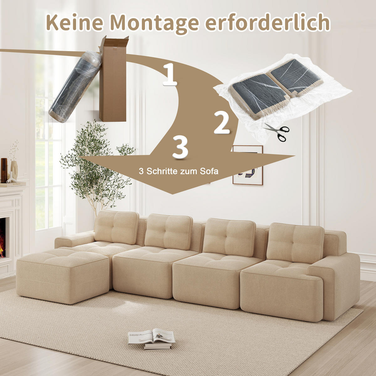 ECKSOFA 382/177/69 cm Beige Cord mit Ottoman - Beige, Textil (382/177cm) - Oxeza
