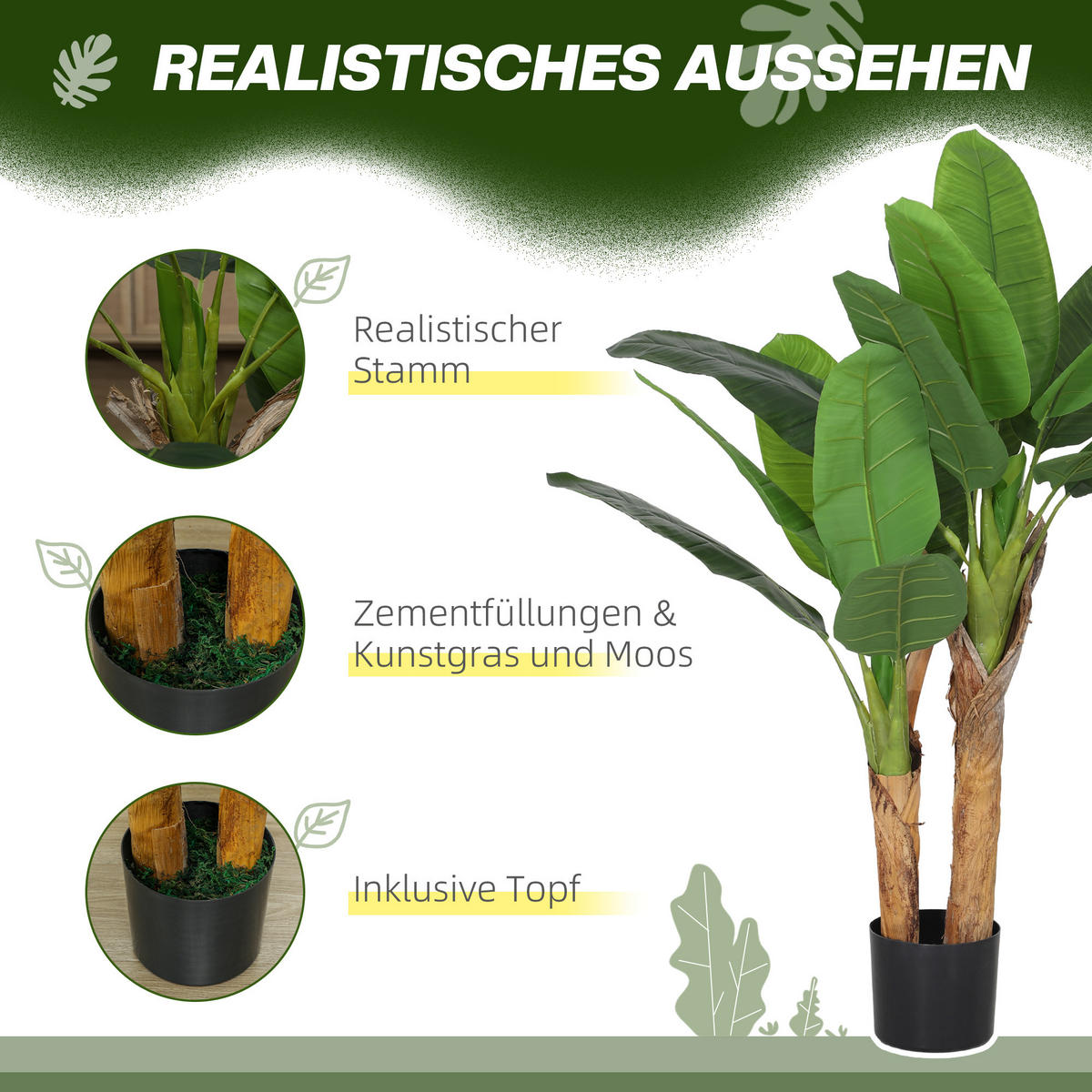 KÜNSTLICHER Bananenbaum 2er Set groß 120 cm Kunstpflanze - Grün, Kunststoff (120cm) - HOMCOM