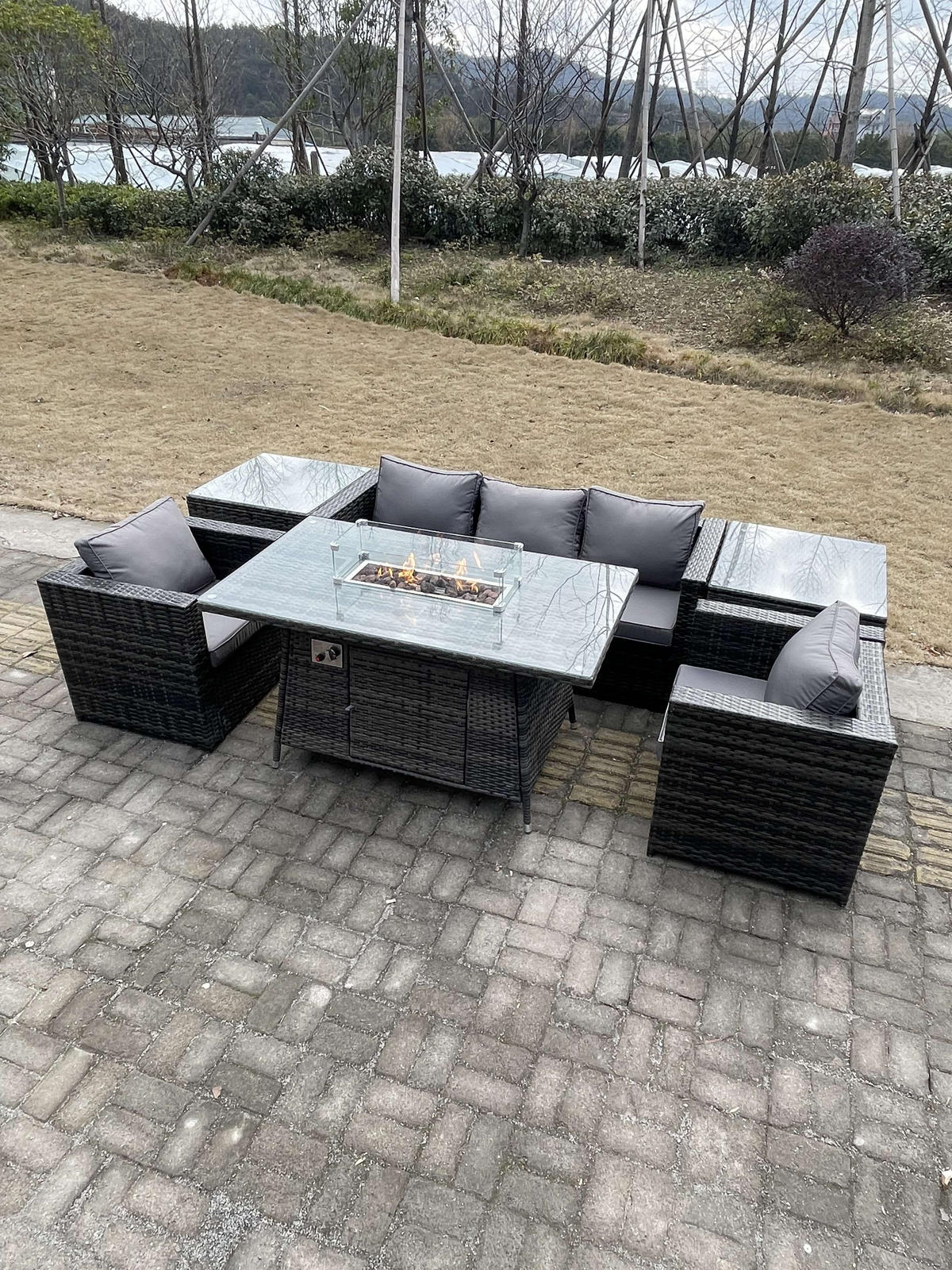GARTENMÖBEL SET Polyrattan 6-Sitzer - Dunkelgrau/Grau, Glas/Kunststoff - Fimous