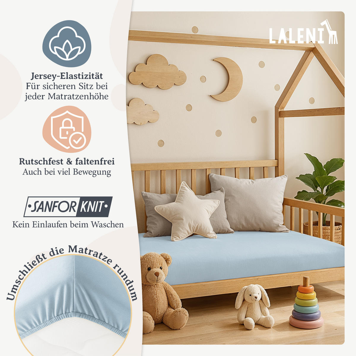 SPANNBETTLAKEN für Beistellbett & Stubenwagen – 100% Baumwolle, Atmungsaktiv & Weich, 50x89x10 cm, Hellblau - Hellblau, Textil (50/89cm) - Laleni