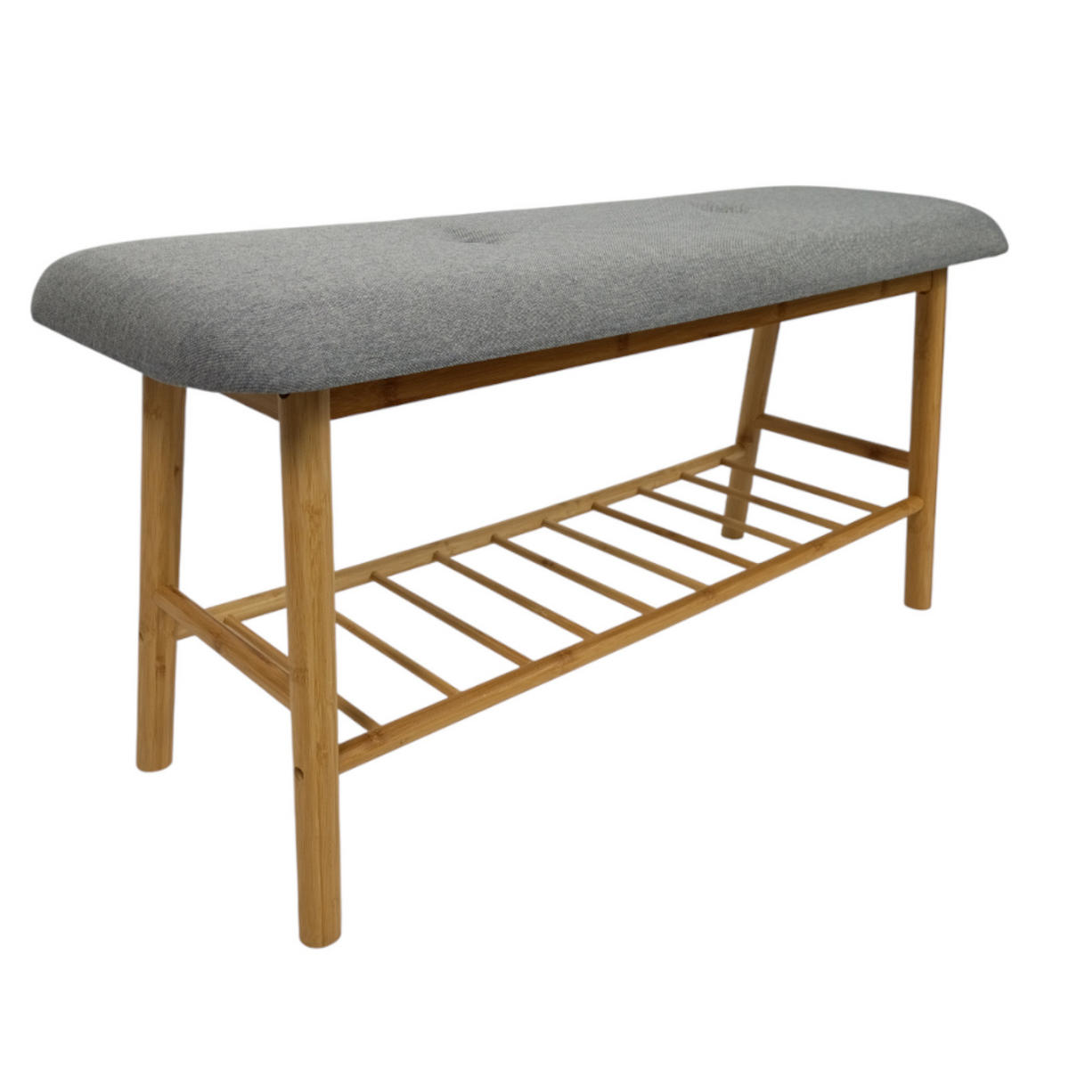 SCHUHBANK Bambus Grau Naturfarbe mit Stoffpolster & Ablage 90/30/43 cm - Grau, Holz/Textil (90/43/30cm) - Begryf