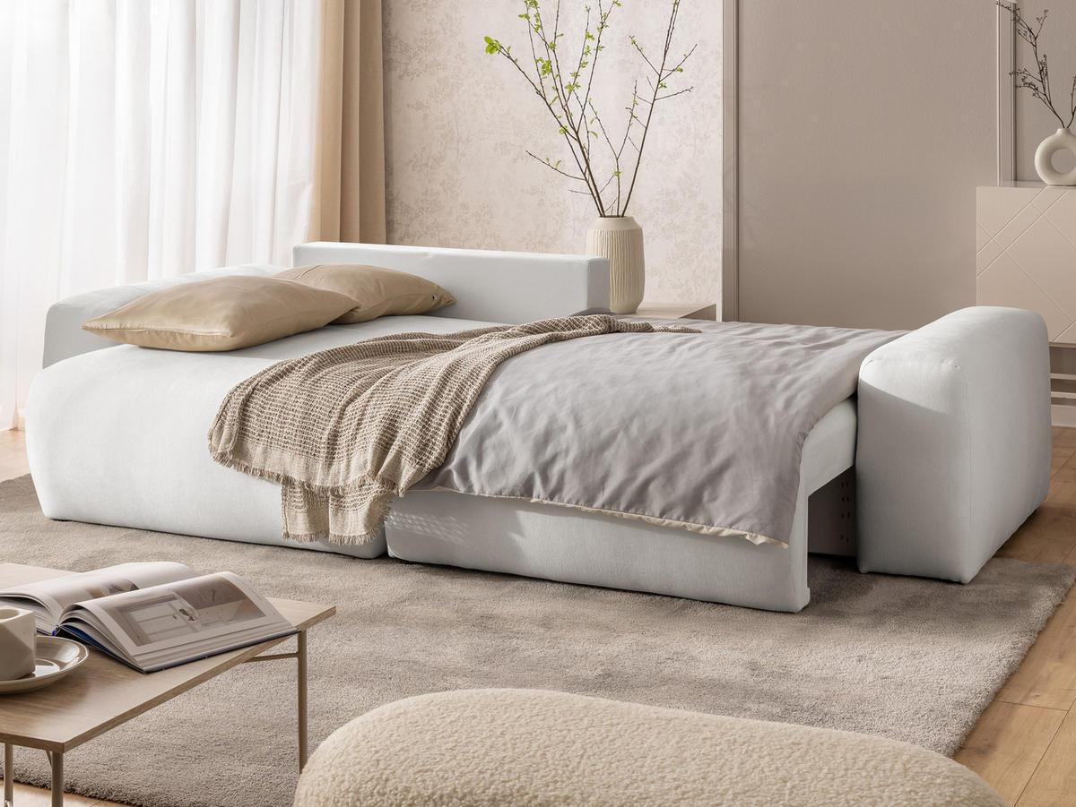 ECKSOFA Puffy mit Schlaffunktion und Bettkasten - besonders weich und puffig aus Creme Webstoff - Ottomane links - Creme/Schwarz, Holz/Kunststoff (138/266cm) - S-Style Möbel