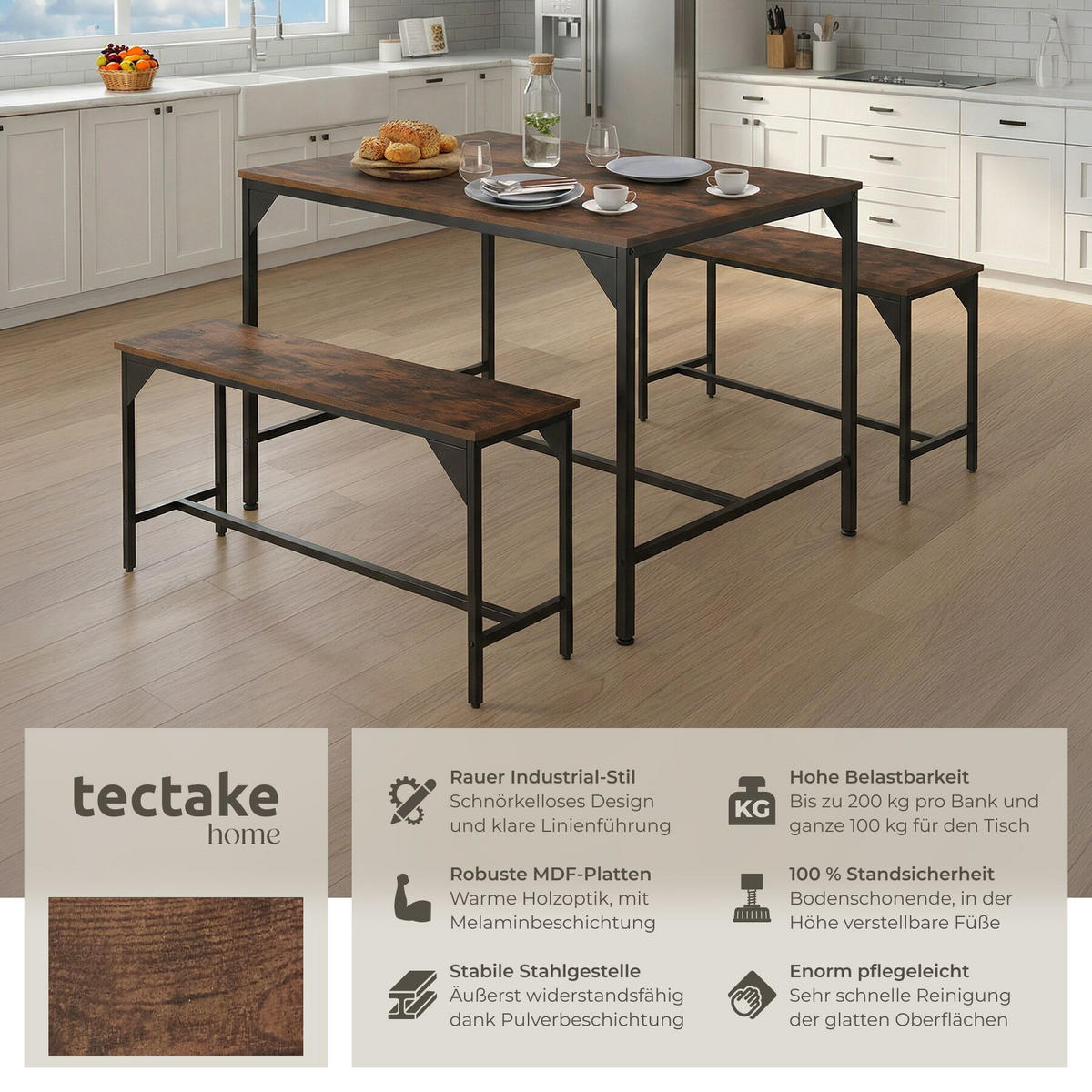 SITZGRUPPE Bolton, mit höhenverstellbaren Kunststofffüßen, Industrial Holz dunkel, rustikal - Rostfarben, Holz (130/75/100cm) - tectake