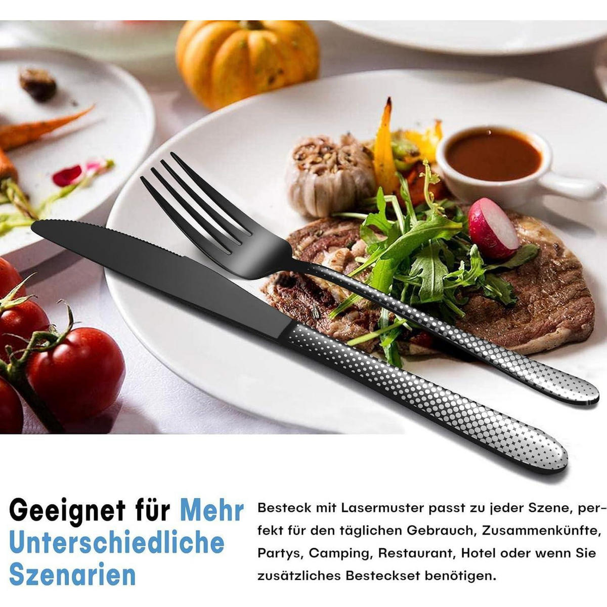 BESTECKSET 30-teilig 6 Personen Schwarz Laserpunktmuster Edelstahl Spülmaschinenfest - Schwarz, Metall