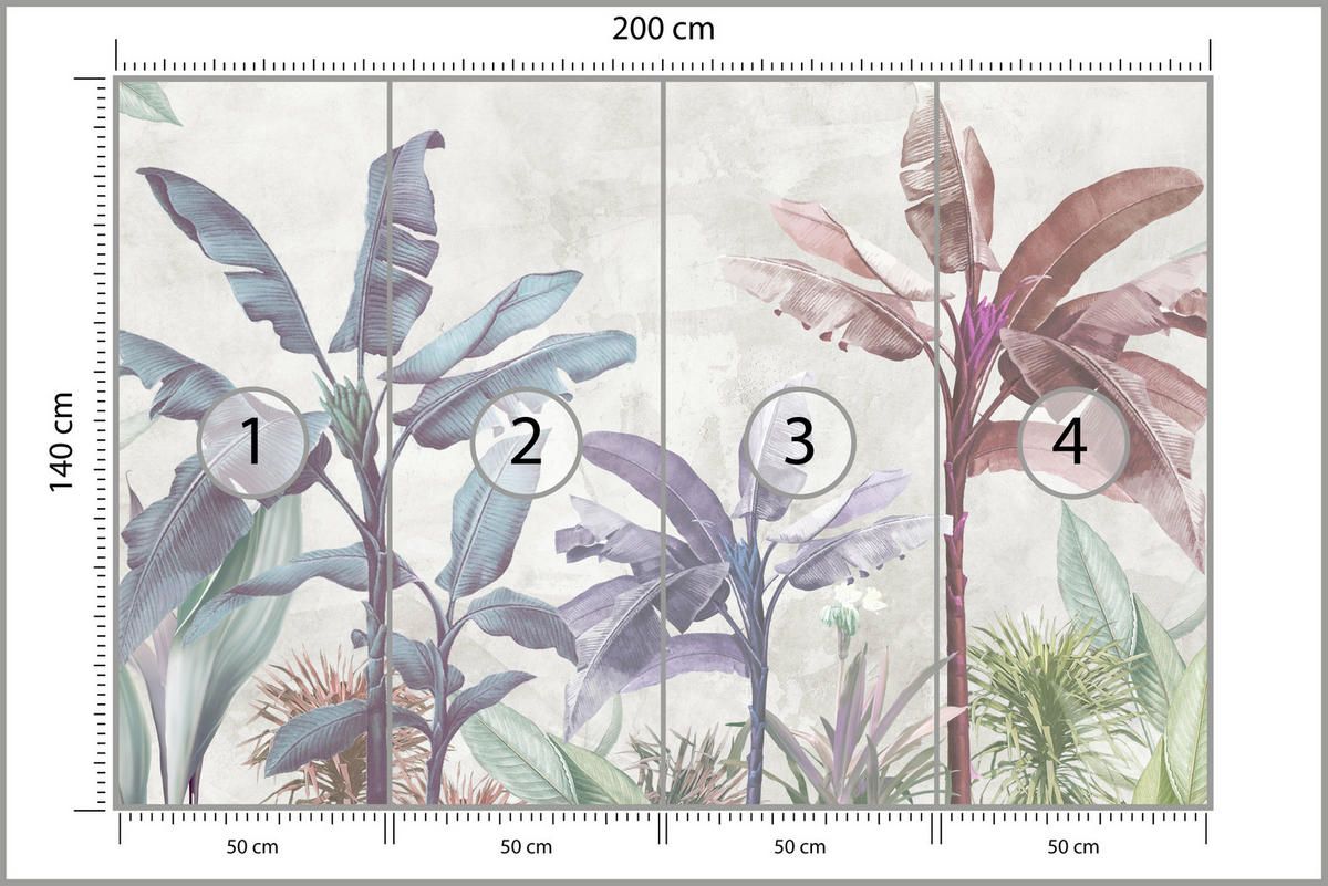 FOTOTAPETE für Schlafzimmer Bunte Bananenblätter Tropen Bäume 200x140 - Beige/Rot, Papier (200/140cm) - Muralo