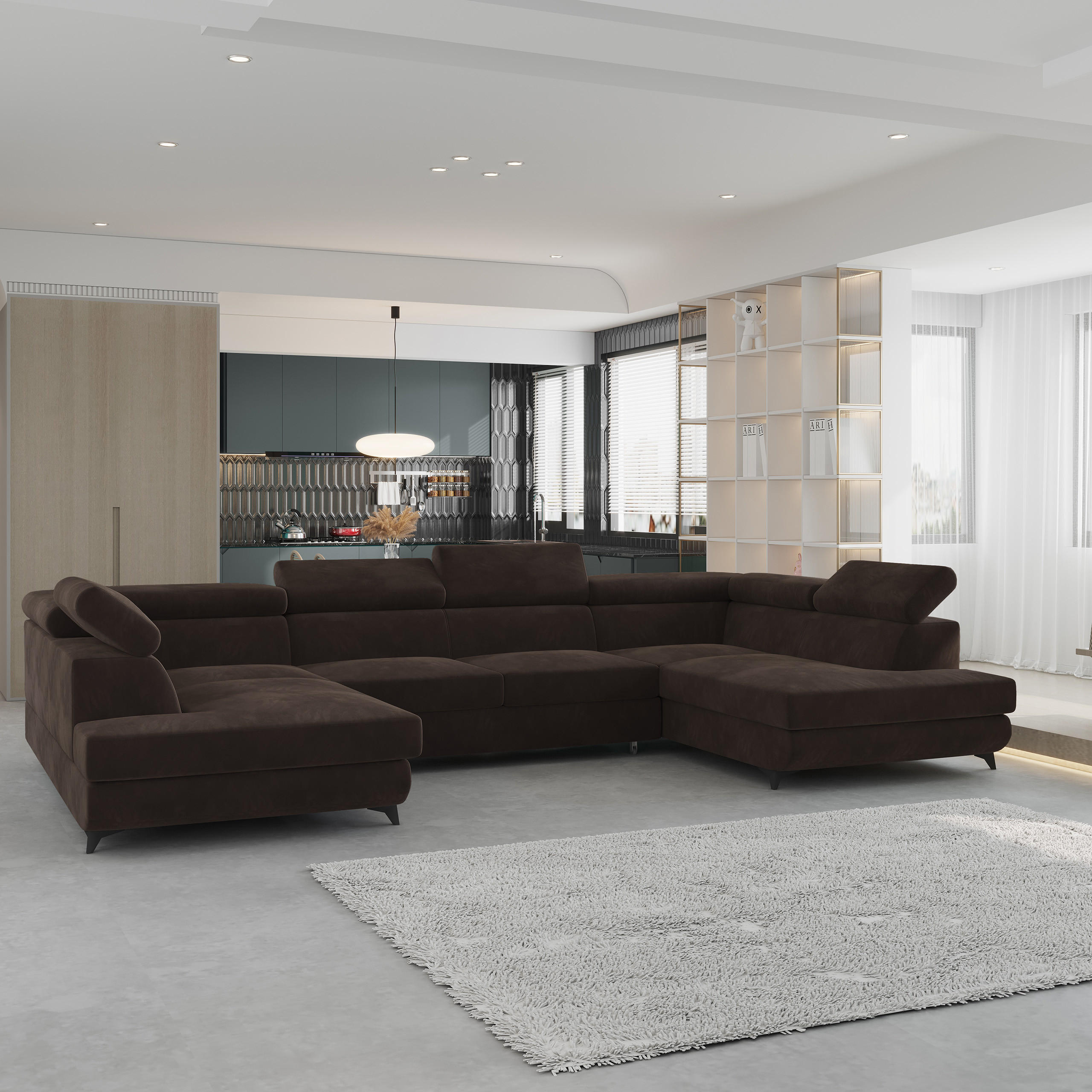 WOHNLANDSCHAFT VINTESSA Braun Velours-Stoff mit Schlaffunktion - Braun, Holz (323/89/190cm) - MASSENO