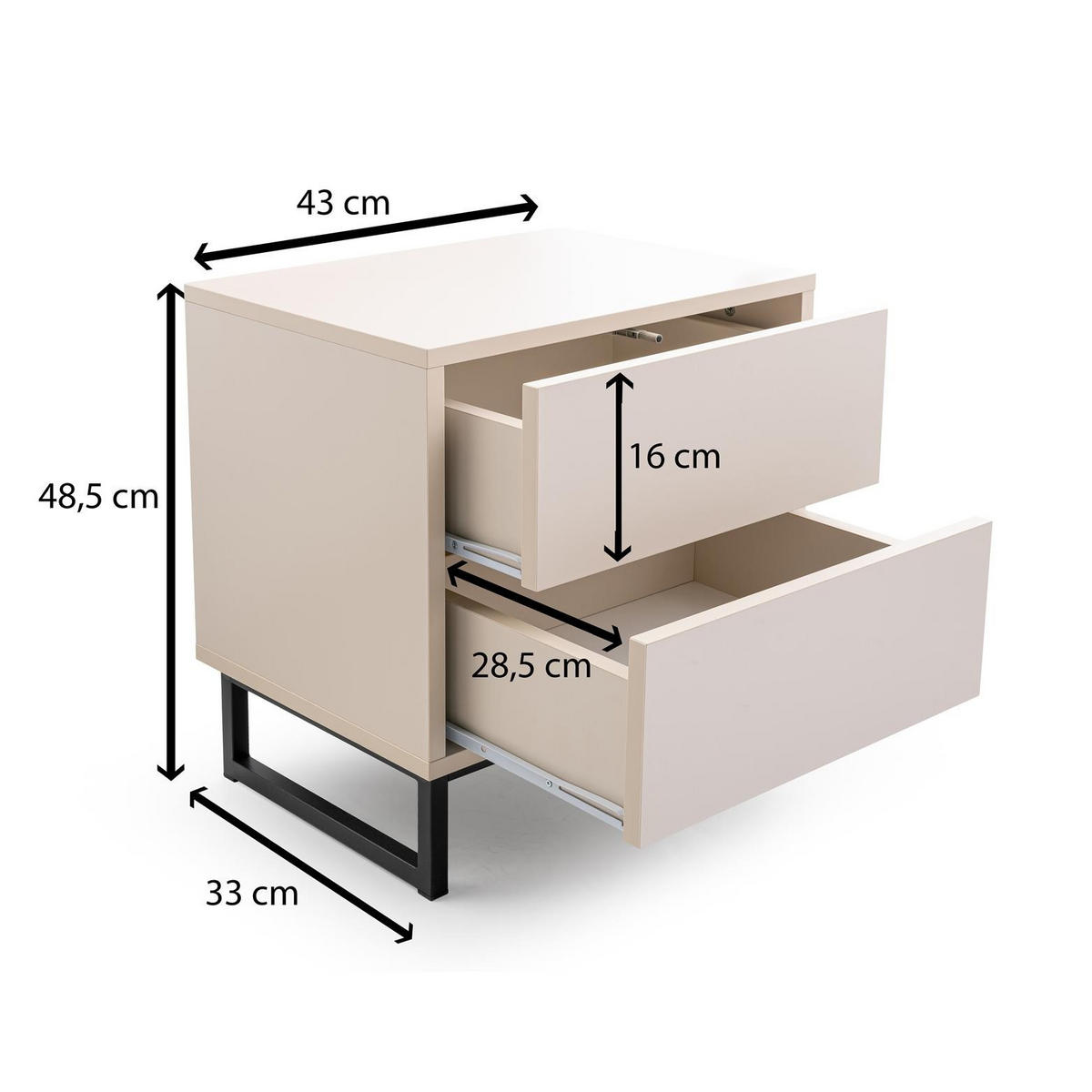 NACHTTISCH Genua Eiche, Schwarz Gestell, mit Schubladen - Schwarz/Braun, Holzwerkstoff (43/48/34cm) - Bettso