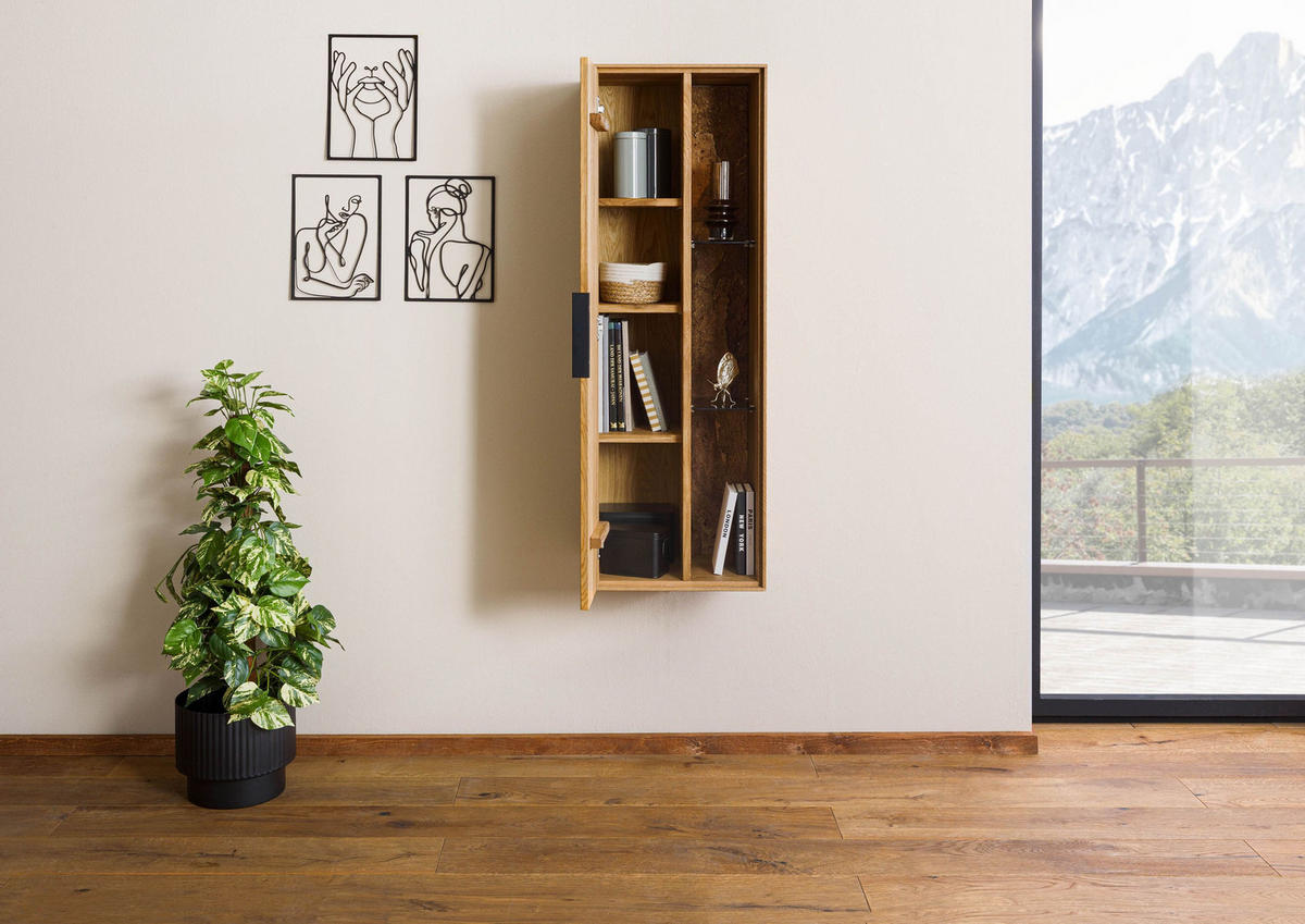 HÄNGEVITRINE Wildeiche 46x38x132 natur geölt LINDAU #12 - Braun, Holz (46/132/38cm) - Massivmoebel24