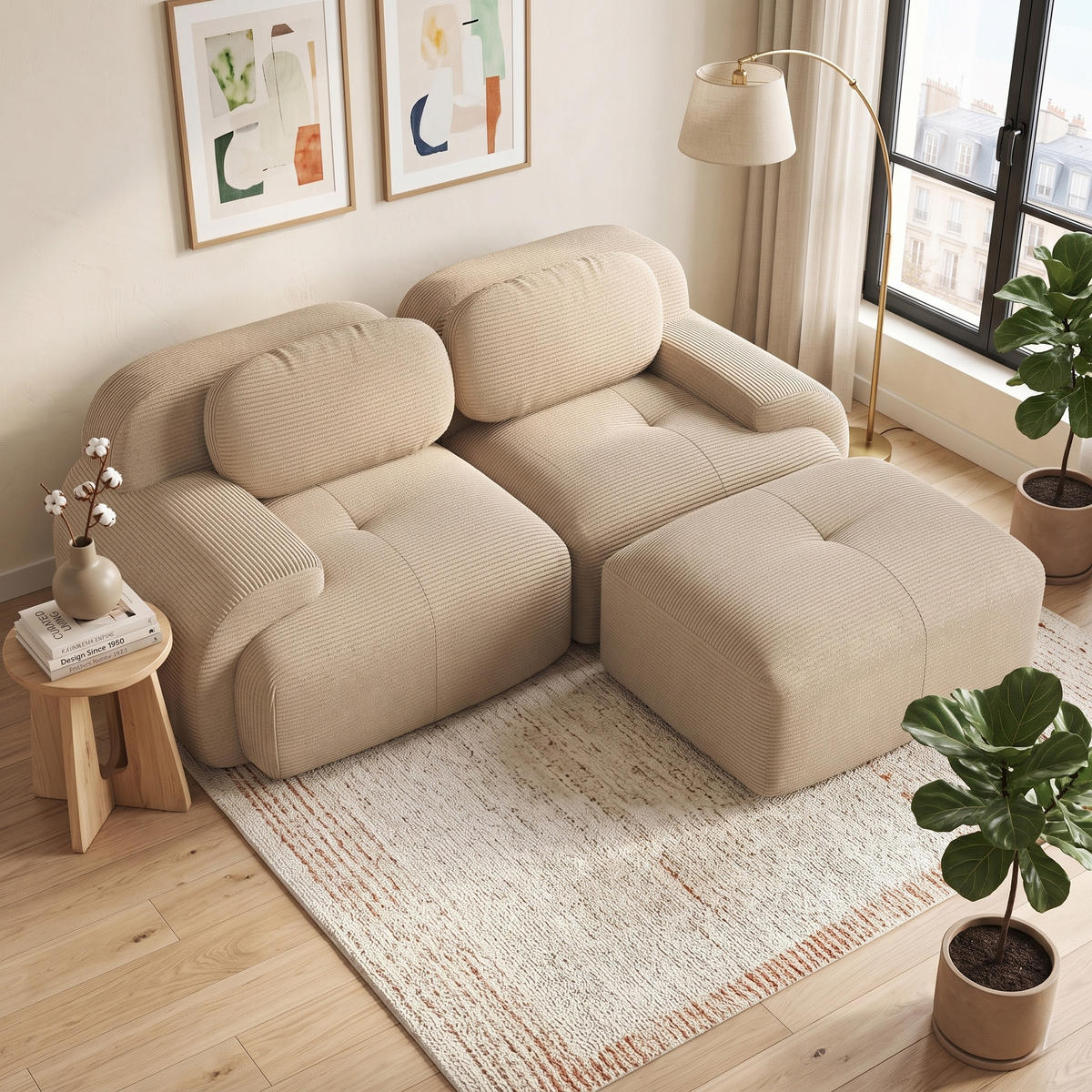 ROHOVÁ POHOVKA modulární bezrámová manšestrová pohovka 2místná - béžová, textil (208/178cm) - Urban Meuble