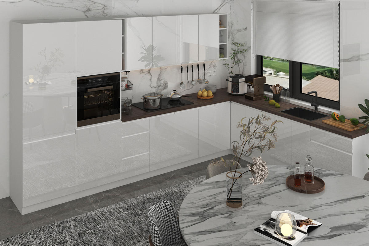 ECKKÜCHE 350 x 260 cm – Aspen KA4-M350 - in Weiß/Hochglanz - Weiß, Holz (610/212/58cm)