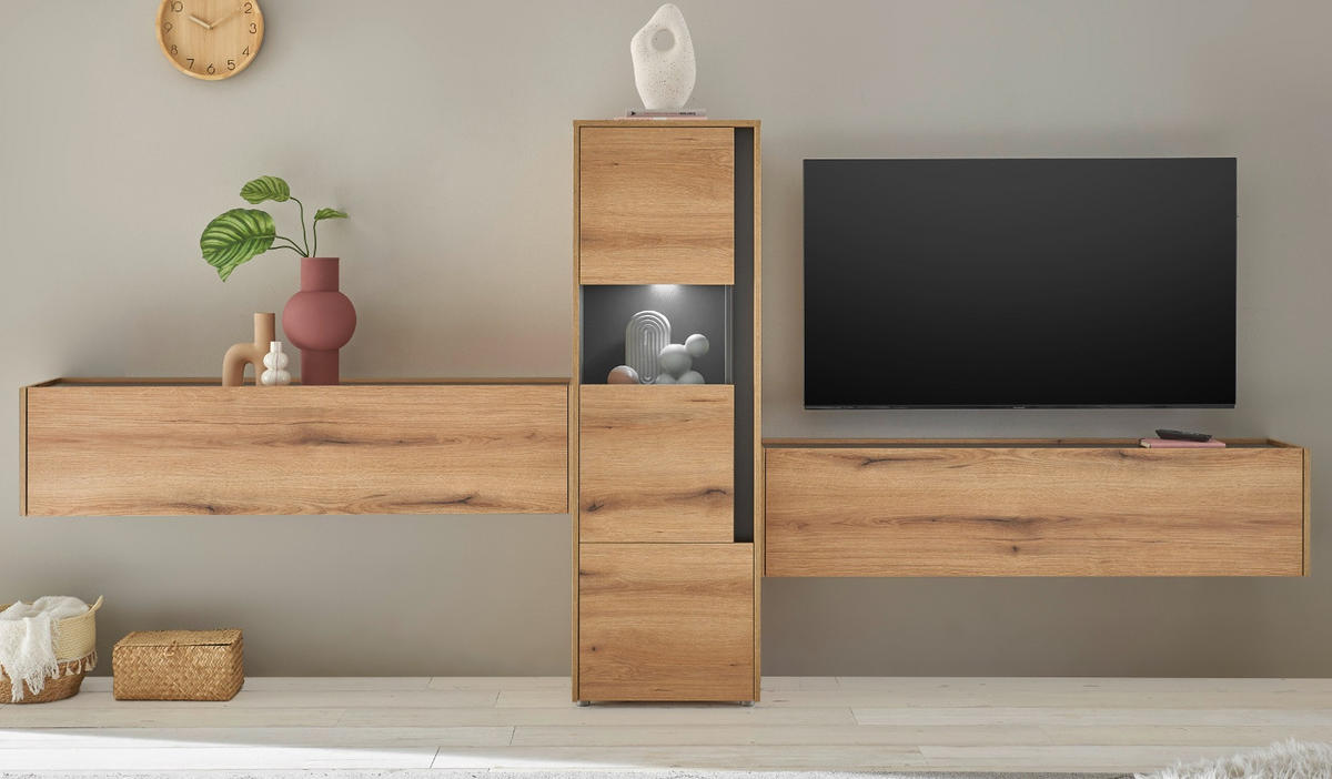 WOHNWAND Evoke Eiche, grau, Wohnkombination Set 3-teilig, 350 cm - Eichefarben/Schwarz, Glas/Holzwerkstoff (350/155/40cm) - Furn.Design