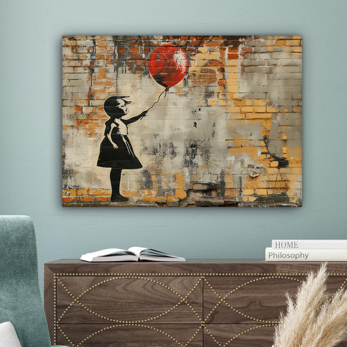 LEINWANDBILD Graffiti - Banksy - Mädchen - Straßenkunst Wandbilder 80x60 cm - Sandfarben, Textil (80/60cm) - MuchoWow