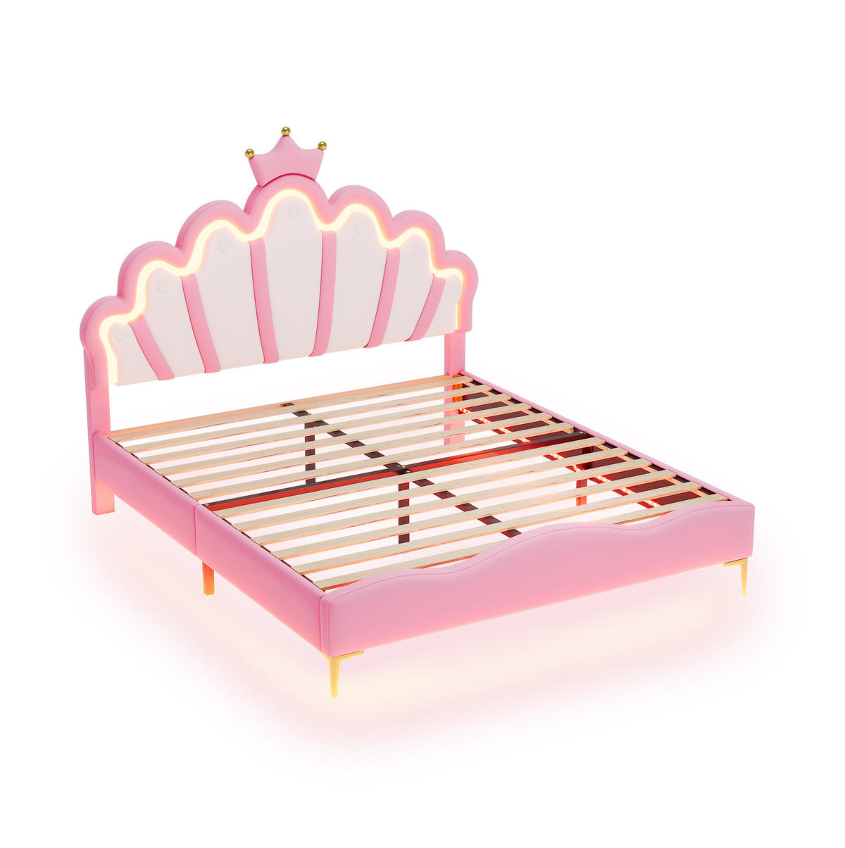 DOPPELBETT aus Kunstleder 140x200 cm Rosa mit LED-Beleuchtung und Kronen-Kopfteil - Rosa, Kunststoff (140/200cm) - IVMEU