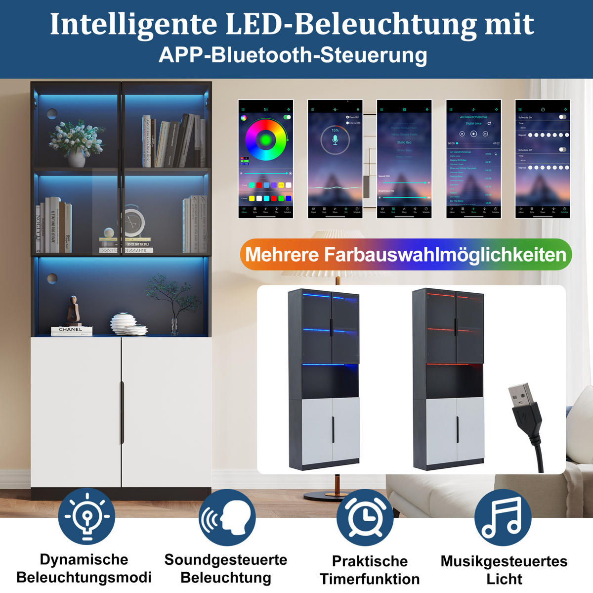 VITRINE 160/30/200 cm aus Spanplatte mit LED-Beleuchtung und Glastüren Weiß/Schwarz - Weiß, Holzwerkstoff (30/200/160cm) - Modenvie