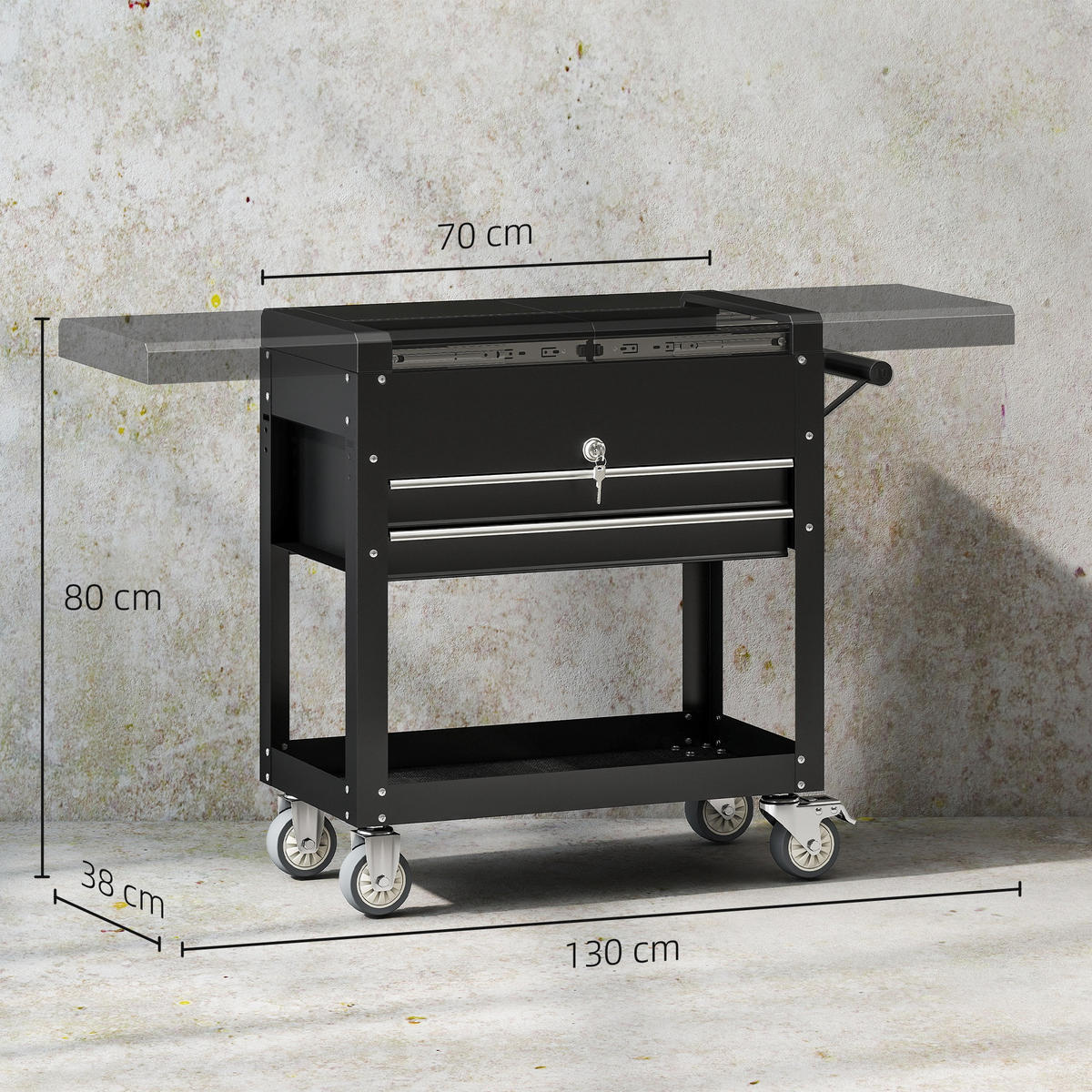 WERKSTATTWAGEN abschließbar mit 2 Schubladen, Schiebedeckel, Ablage Schwarz - Schwarz, Metall (38/80/130cm) - HOMCOM