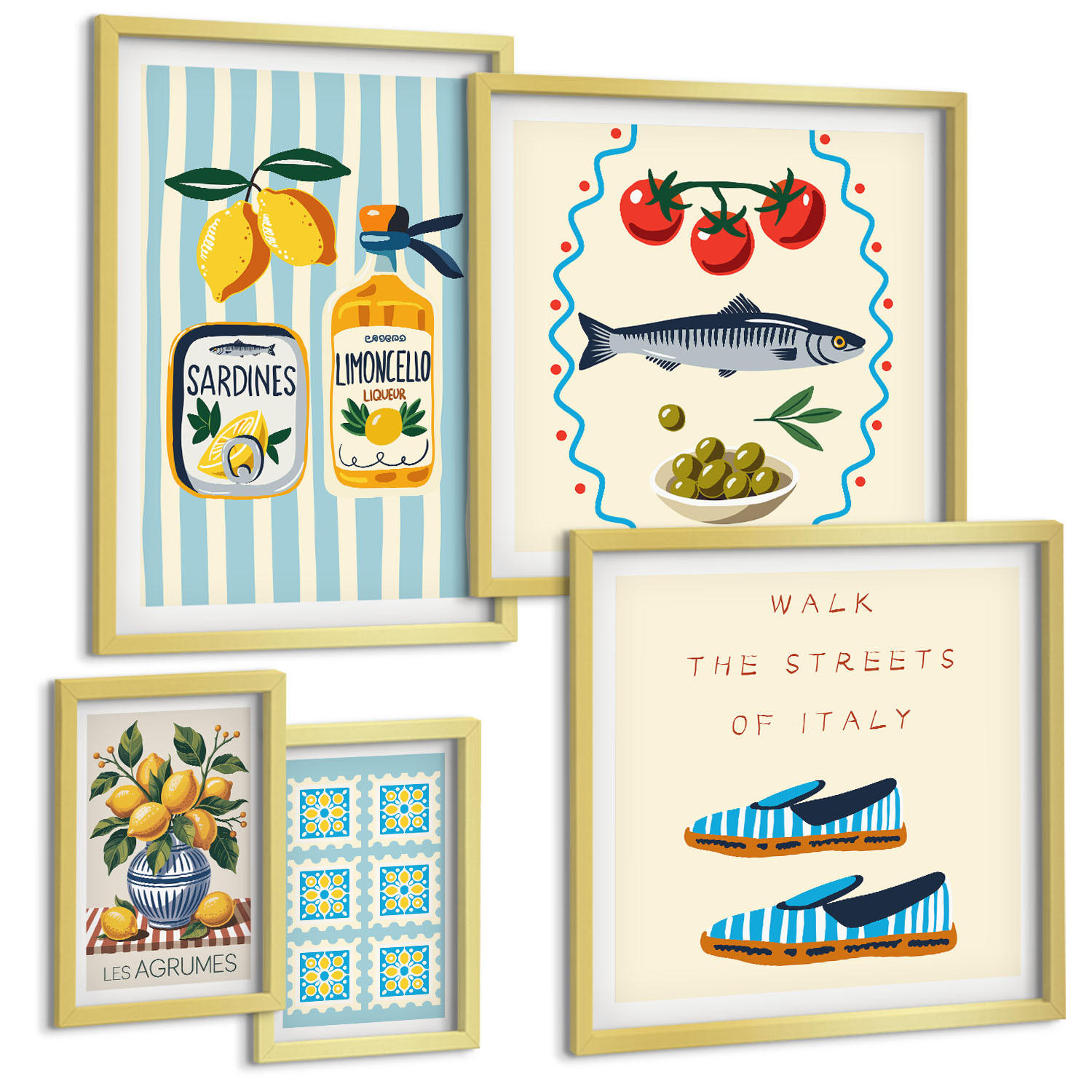 BILDER SET 5er Set - 50x50 cm & 20x30 cm & 40x60 cm Goldrahmen - Italienische Aromen, farbenfrohe Bilder - Goldfarben, Kunststoff (40/60cm) - TULUP