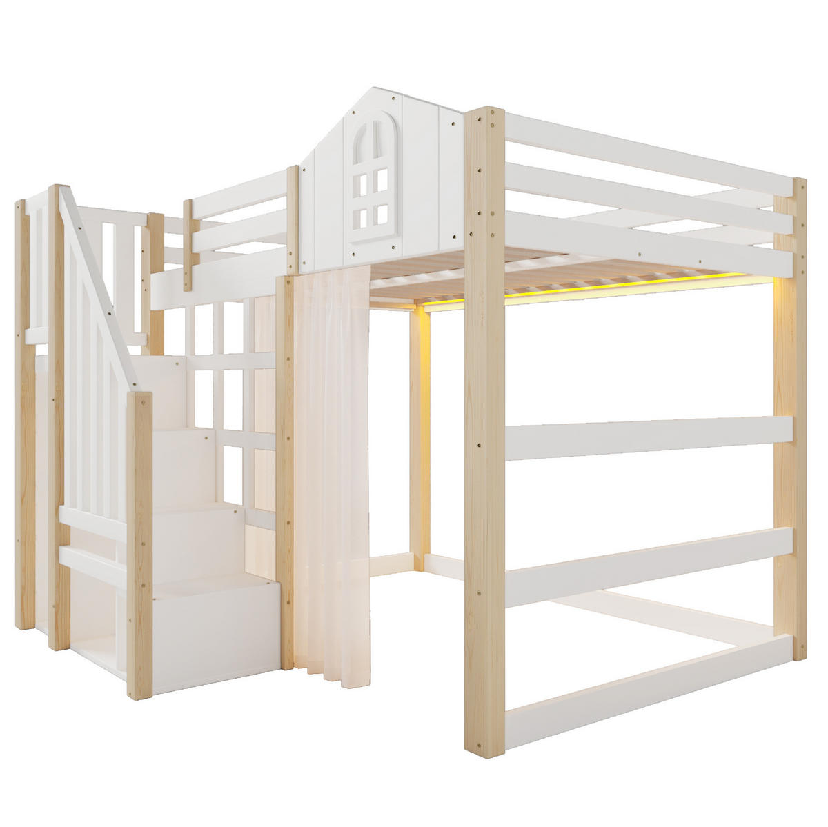 HOCHBETT 140/200 cm mit LED-Beleuchtung, Ablageleiter und Schlossdesign aus Kiefernholz, Weiß/Natur - Weiß, Holzwerkstoff (140/200cm) - Redom