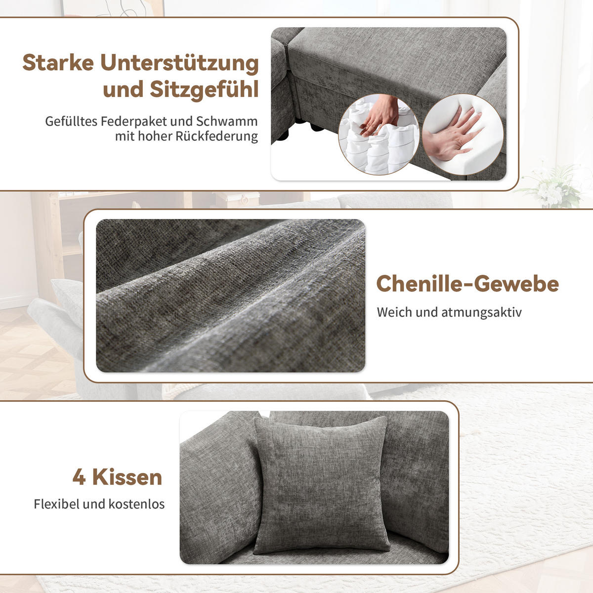 ECKSOFA, Chenille mit verstellbaren Armlehnen & Hocker, 218/156,5/86 cm, Grau - Grau, Textil (156.5/218cm) - Redom