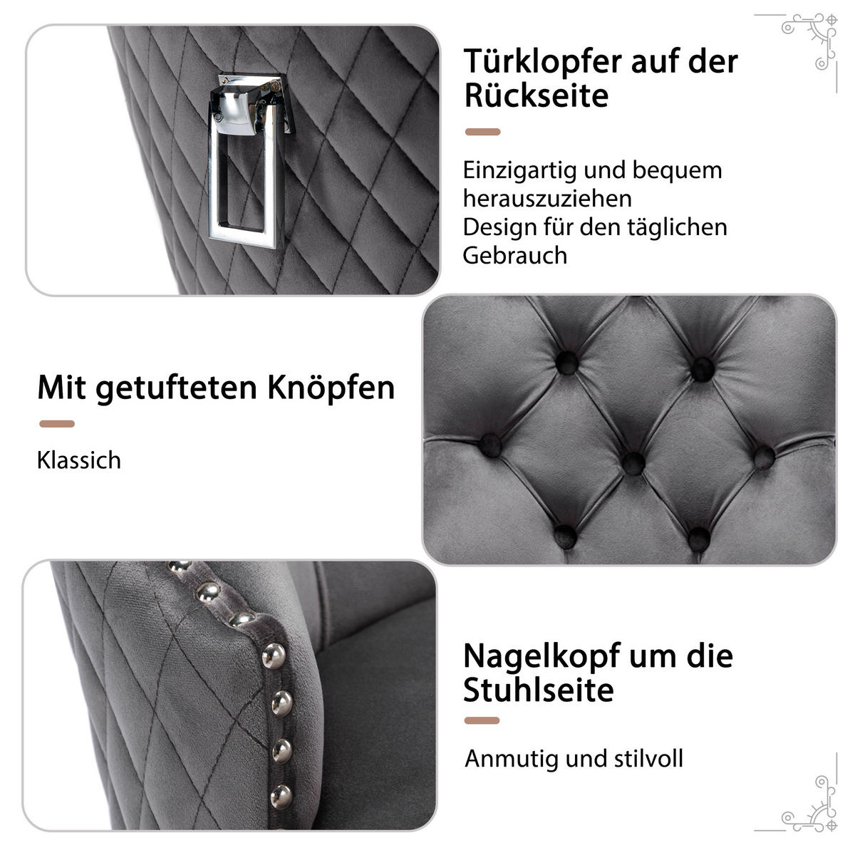 ESSZIMMERSTUHL 2er-Set mit Samtpolsterung, Massivholz-Metall-Gestell und Pin-Kopf Dekoration im modernen Design, grau - Grau, Textil (62.5/94.5/53cm) - Luhomfu