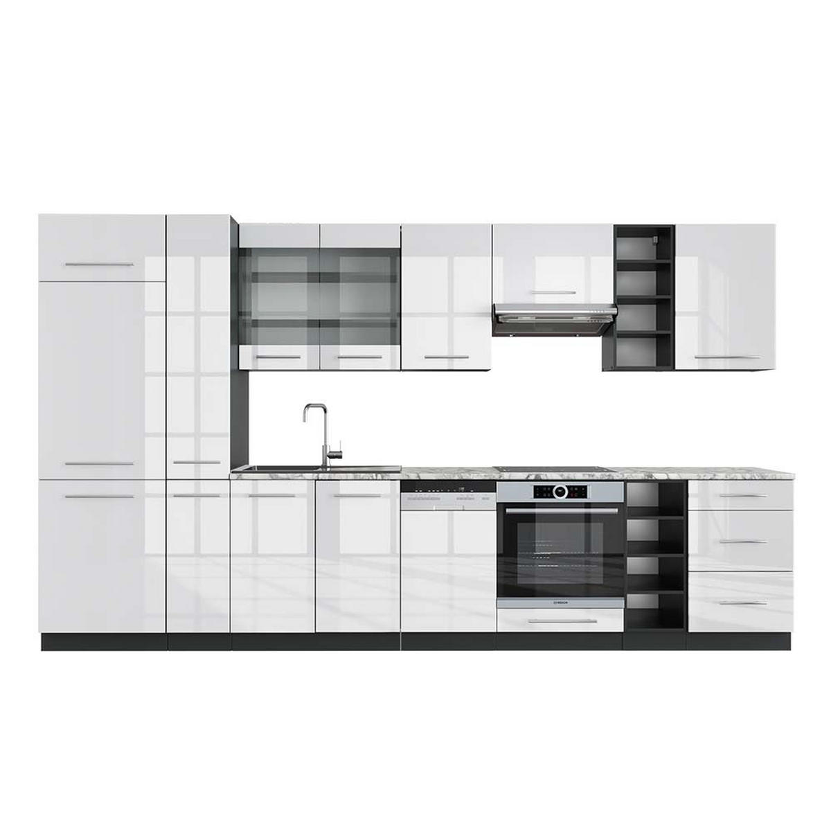 KÜCHENZEILE Fame-Line Weiß Hochglanz/Anthrazit 355 cm, AP Marmor - Weiß Hochglanz/Anthrazit, Holzwerkstoff (355/81.6/60cm) - Vicco