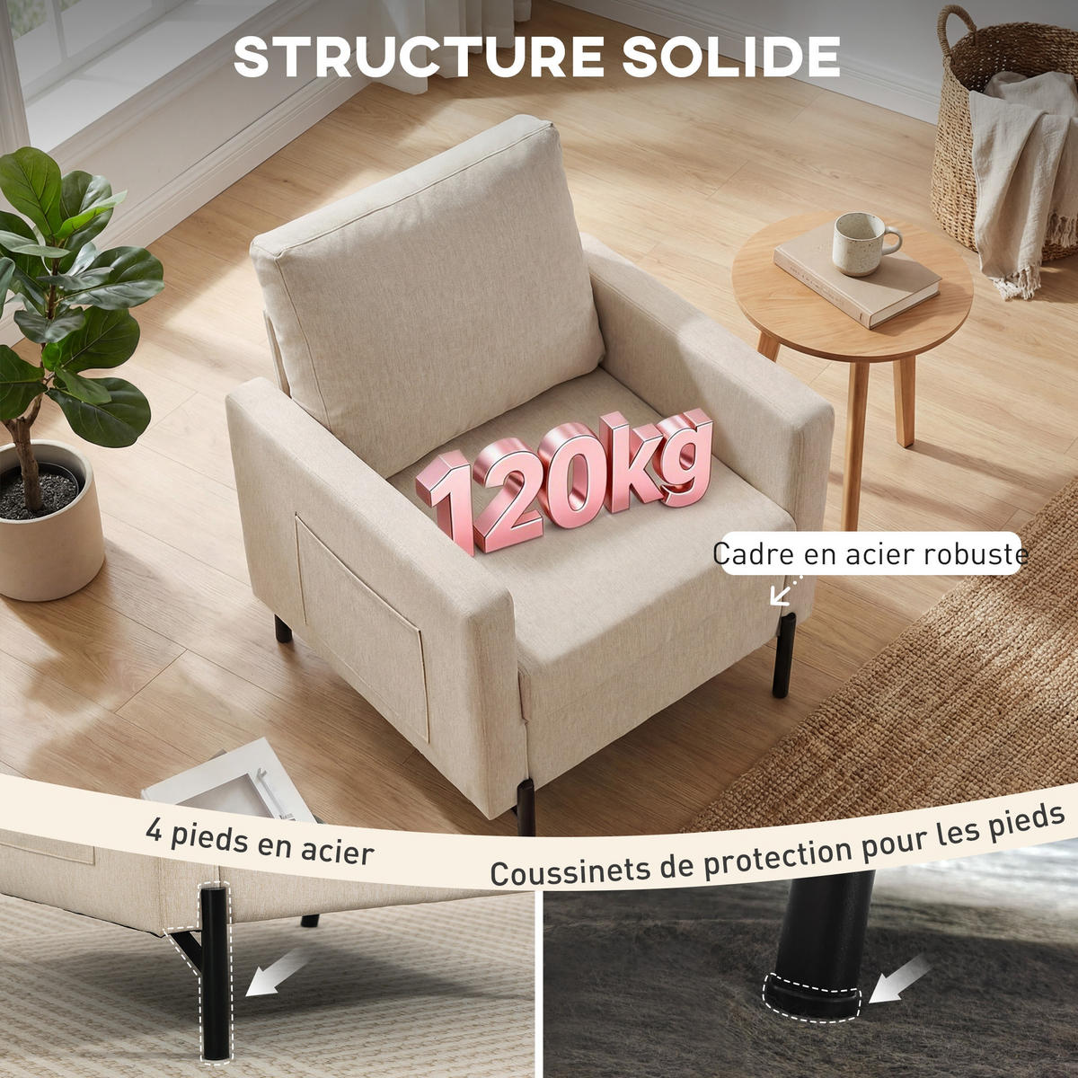 SESSEL DE-13514 mit Armlehnen, breite Sitzfläche Beige - Beige, Metall (73/87/77cm) - ComfortXL
