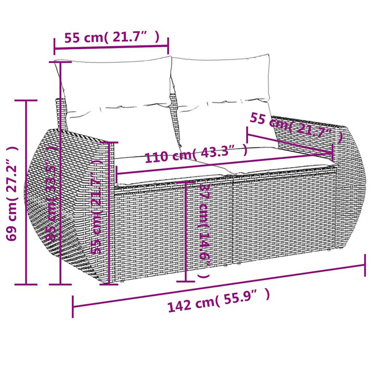 GARTENSOFA Mit Kissen 2-Sitzer Schwarz Poly Rattan - Schwarz, Kunststoff (142/69/62cm) - vidaXL