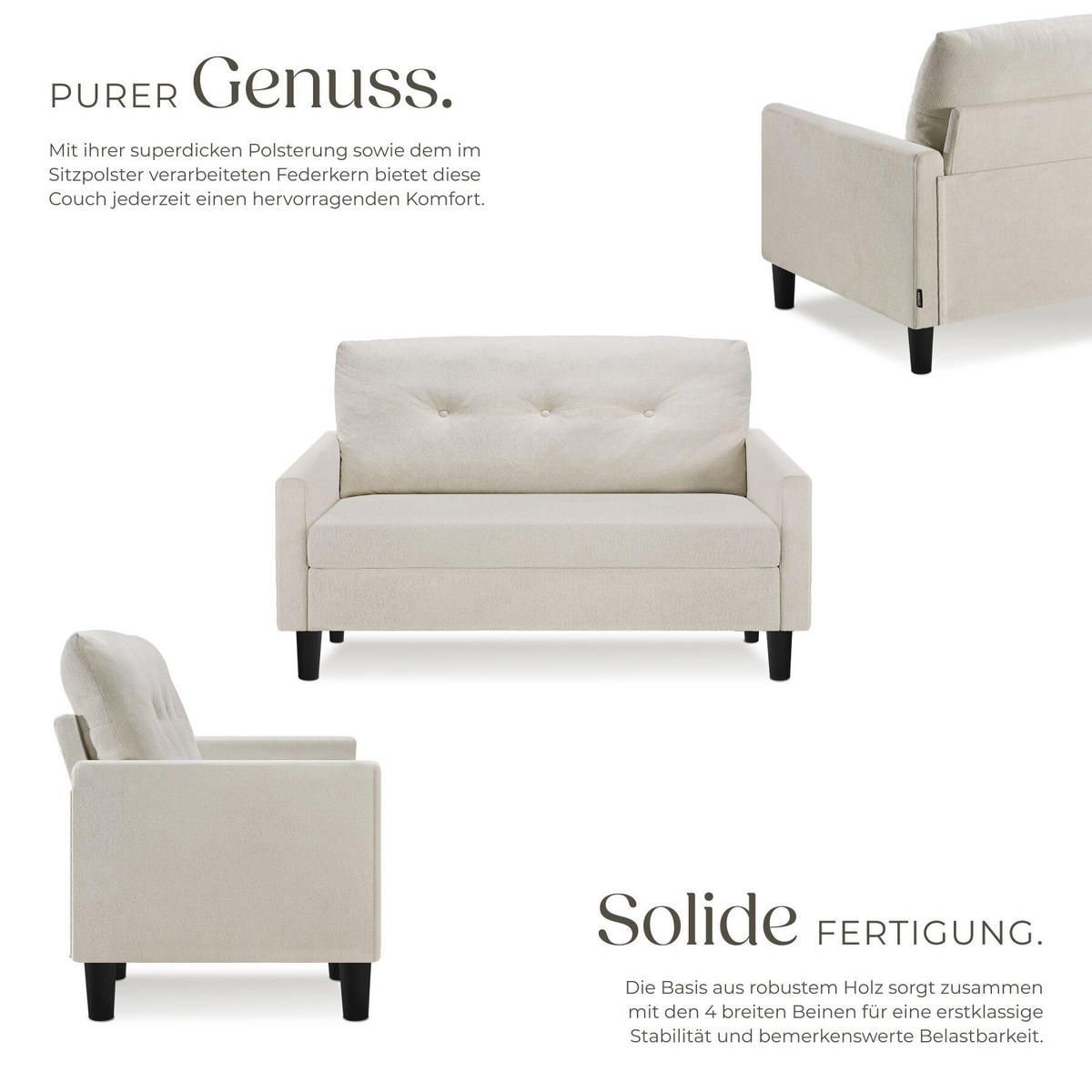 SOFA Viborg, 121,5 x 77 x 91 cm, creme - Creme/Braun, Kunststoff/Textil (121.5/91/77cm) - tectake