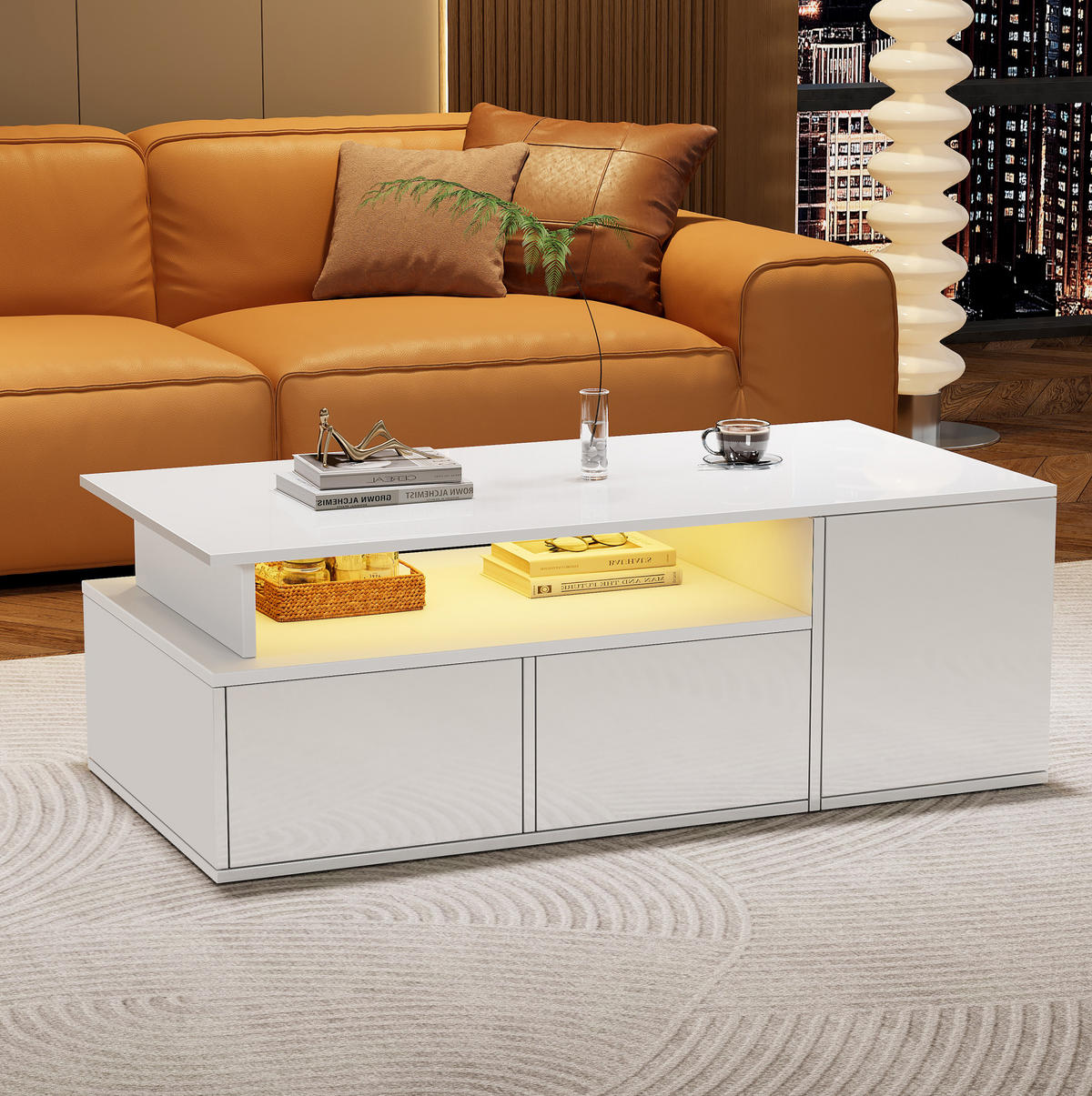 COUCHTISCH 100/50/35 cm mit LED-Beleuchtung, 2 Schubladen und seitlichen Fächern aus Spanplatte, Weiß - Weiß, Holzwerkstoff (100/50/35cm) - Redom