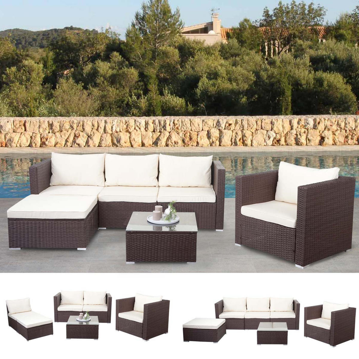 POLY-RATTAN-GARNITUR Braun, Cremeweiß - Braun/Weiß, Kunststoff - MCW