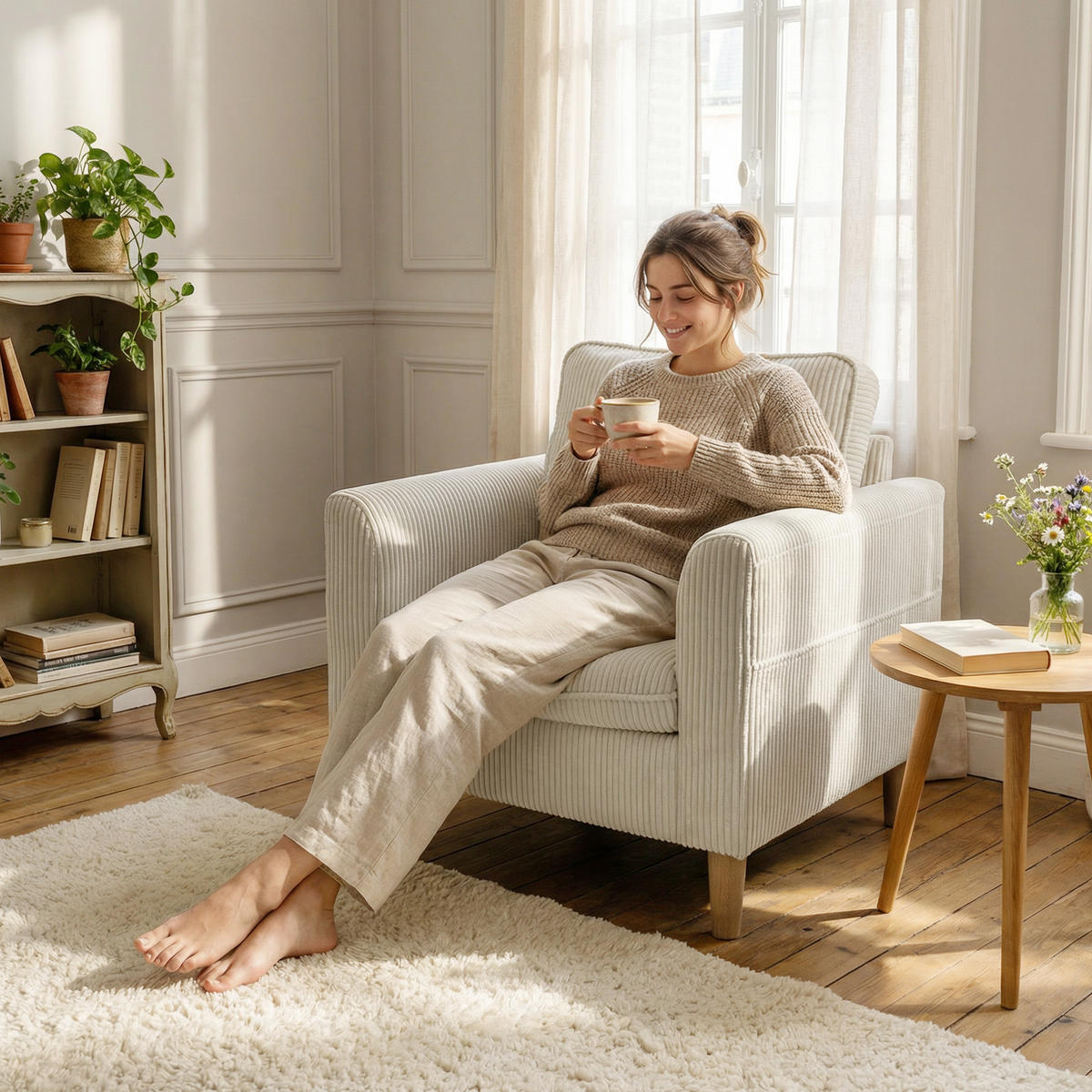 SESSEL DE-13500 1-Sitzer mit Federkern, Kordelsamt Beige - Beige, Textil (74/87/83cm) - ComfortXL