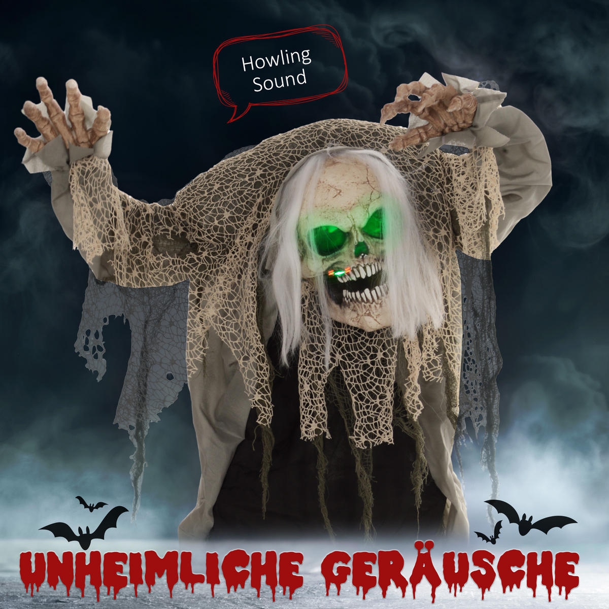 HALLOWEEN DECORATIONS 160cm stehendes Skelett mit LED-Lichter, Soundfunktion - Grau, Kunststoff/Metall (65/160/30cm) - HOMCOM