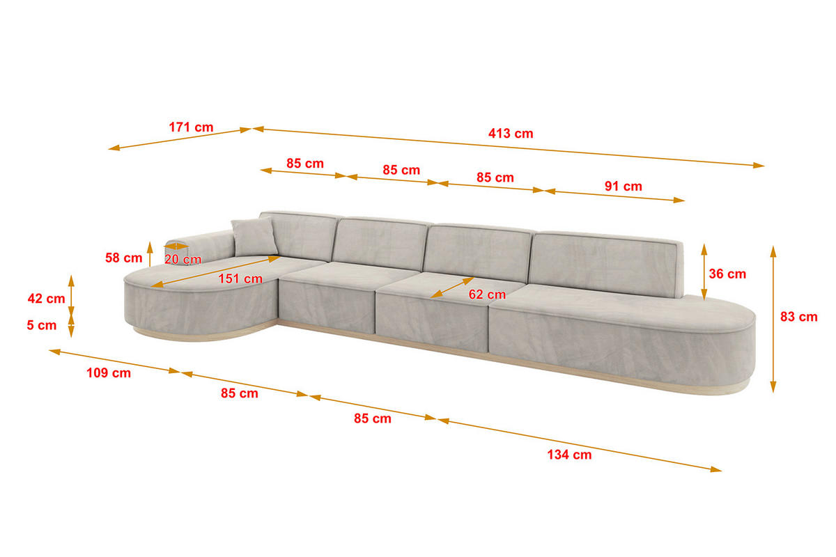 ECKSOFA Ottomane Links MARI-L3-v1 - 413x171x83 cm Hellbraun Velours - Hellbraun, Holzwerkstoff/Textil (413/171cm) - ALTDECOR