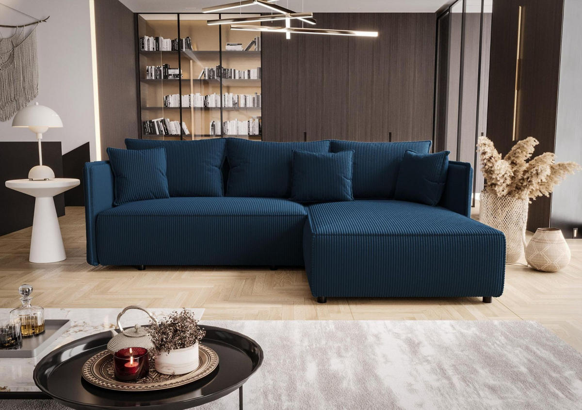 ECKSOFA MILANO rechts dunkelblau Cord Poso 5 - Schlaffunktion, Bettkasten - Dunkelblau, Textil (245/184cm) - Cornero